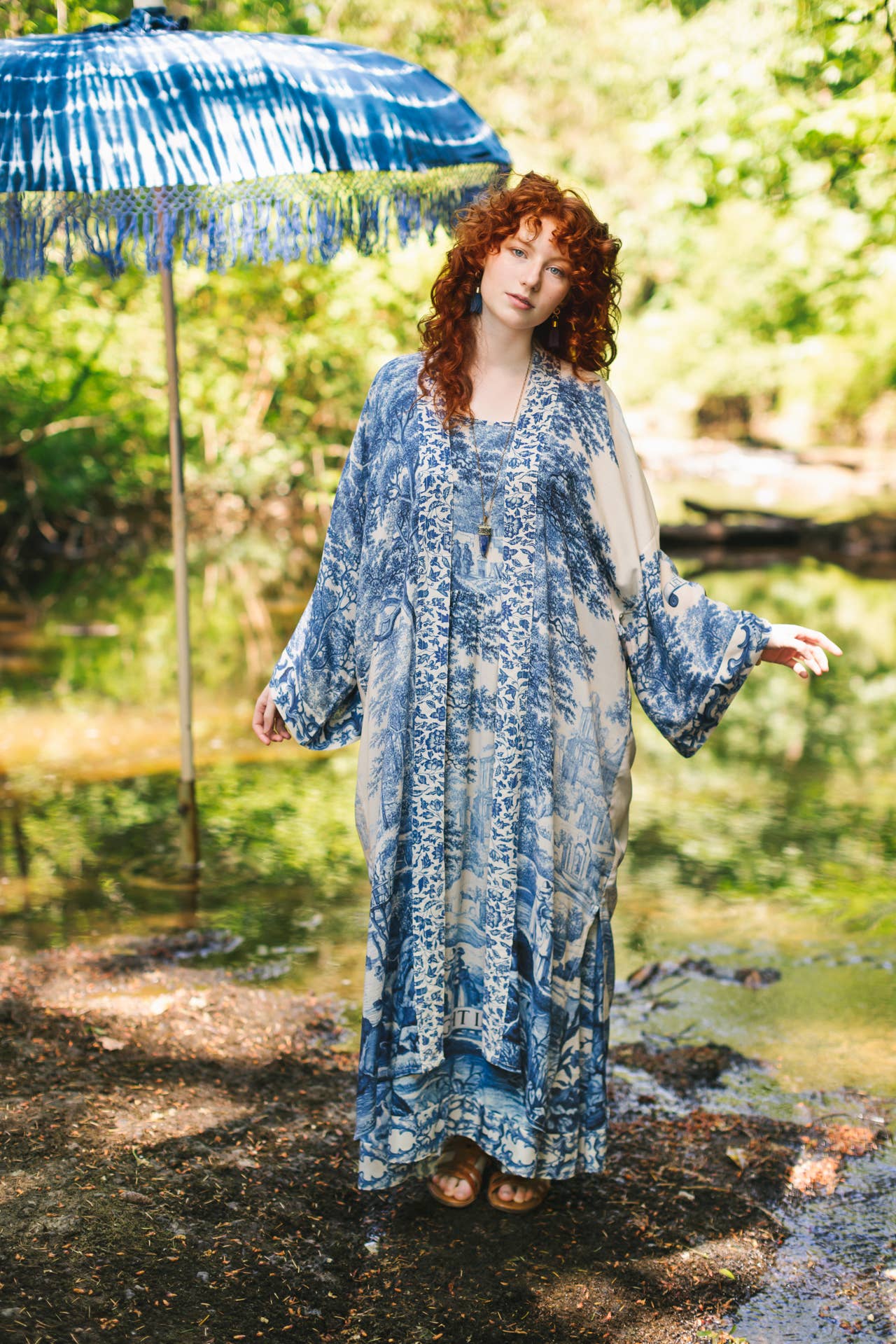 Let The Light In Bohéme Long Maxi Slip Dress w Delft Print: S/M (fits approx. size 6-10)