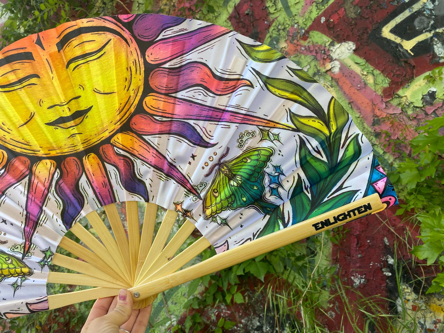 Sun And Luna Moth Fan / Festival Fan / Giant Fan / Sun Art / Luna Moth Art / Enlighten Clothing Co / Black Light Reactive Rave Fan
