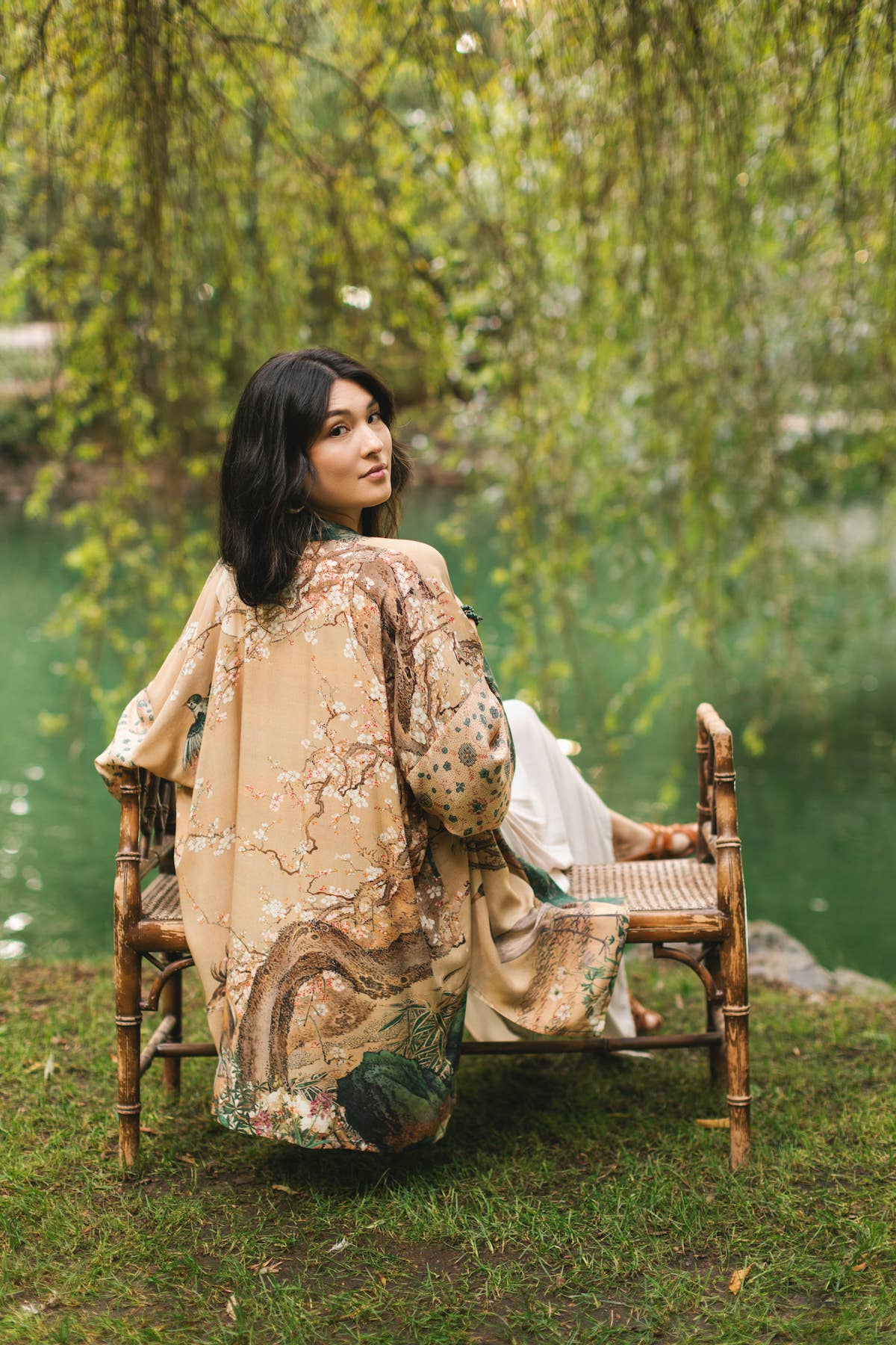 Fable Matinée Duster Kimono w/ Deer and Moon, mid-length