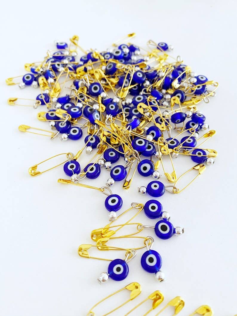 Gold Evil Eye Safety Pins, Blue Glass Evil eye, Bulk Favor