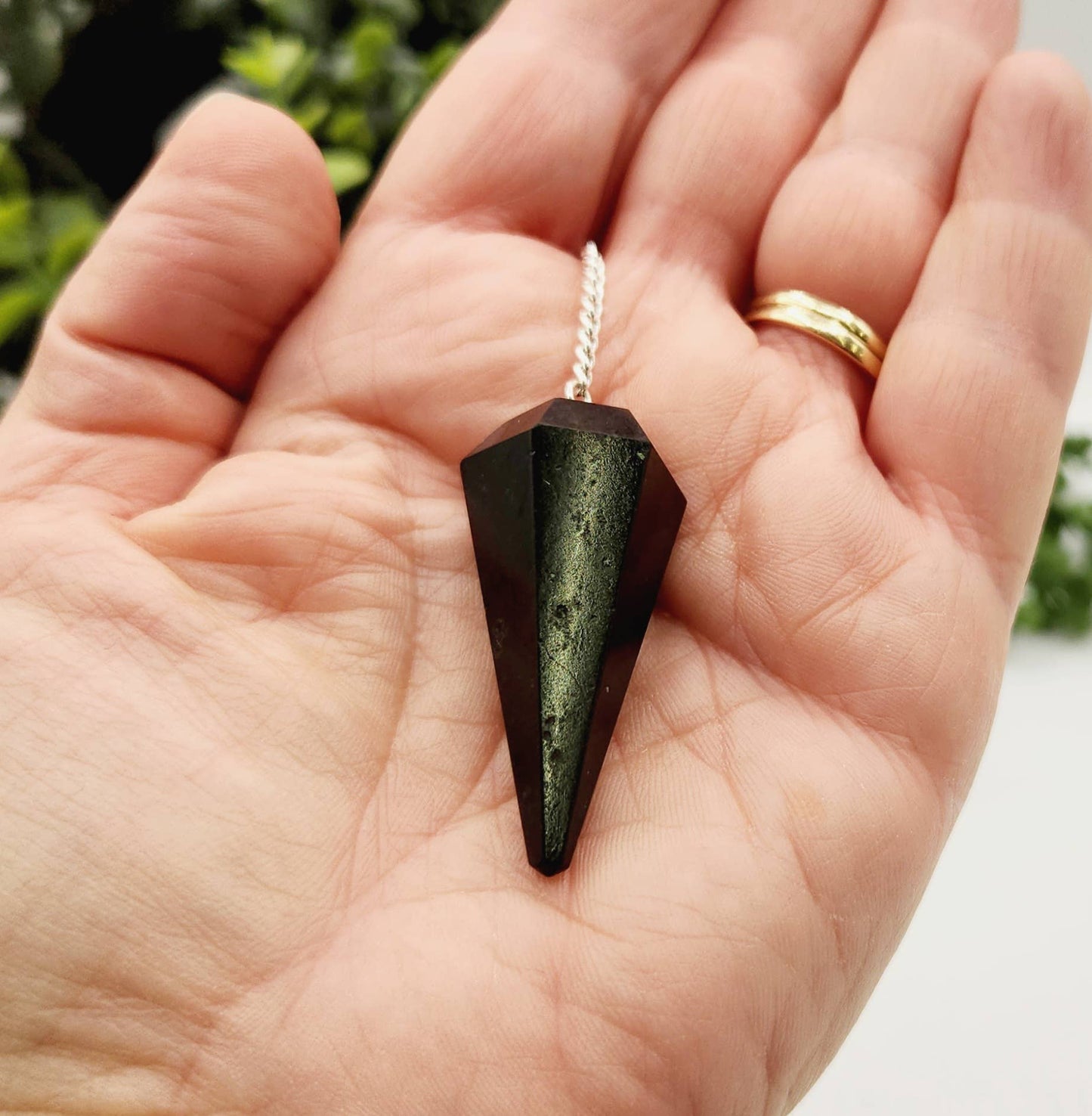 Black Tourmaline Pendulum w/Chakra Beads-Silver Plate Chain