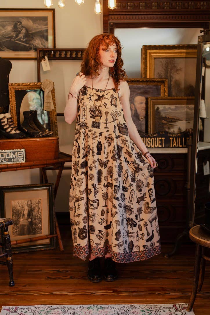 Curiosities Bohéme Maxi Slip Dress w/ whimiscal print: S/M