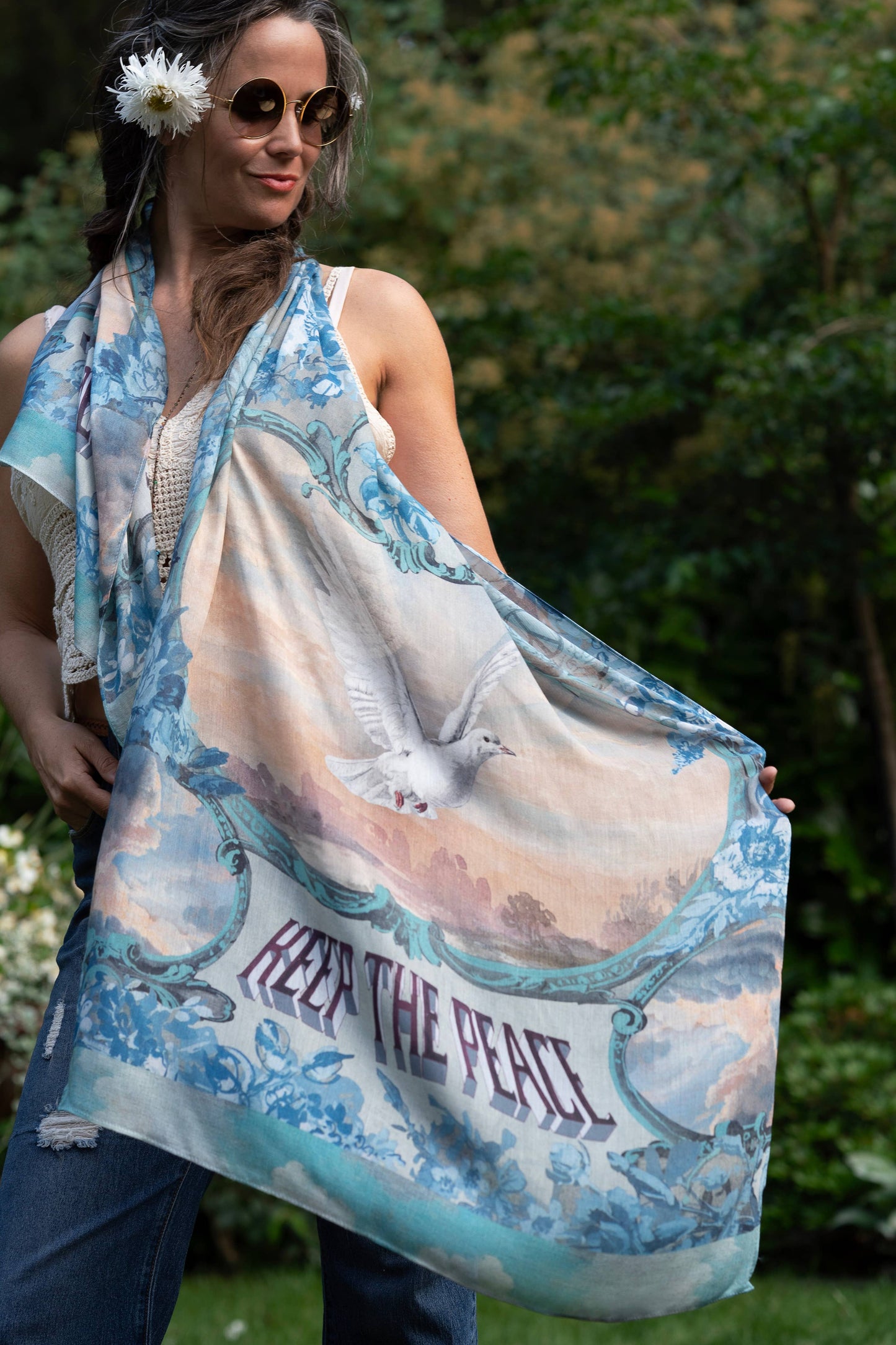 Peace Out Cropped Boho Bamboo Scarf with Doves and Sunrise