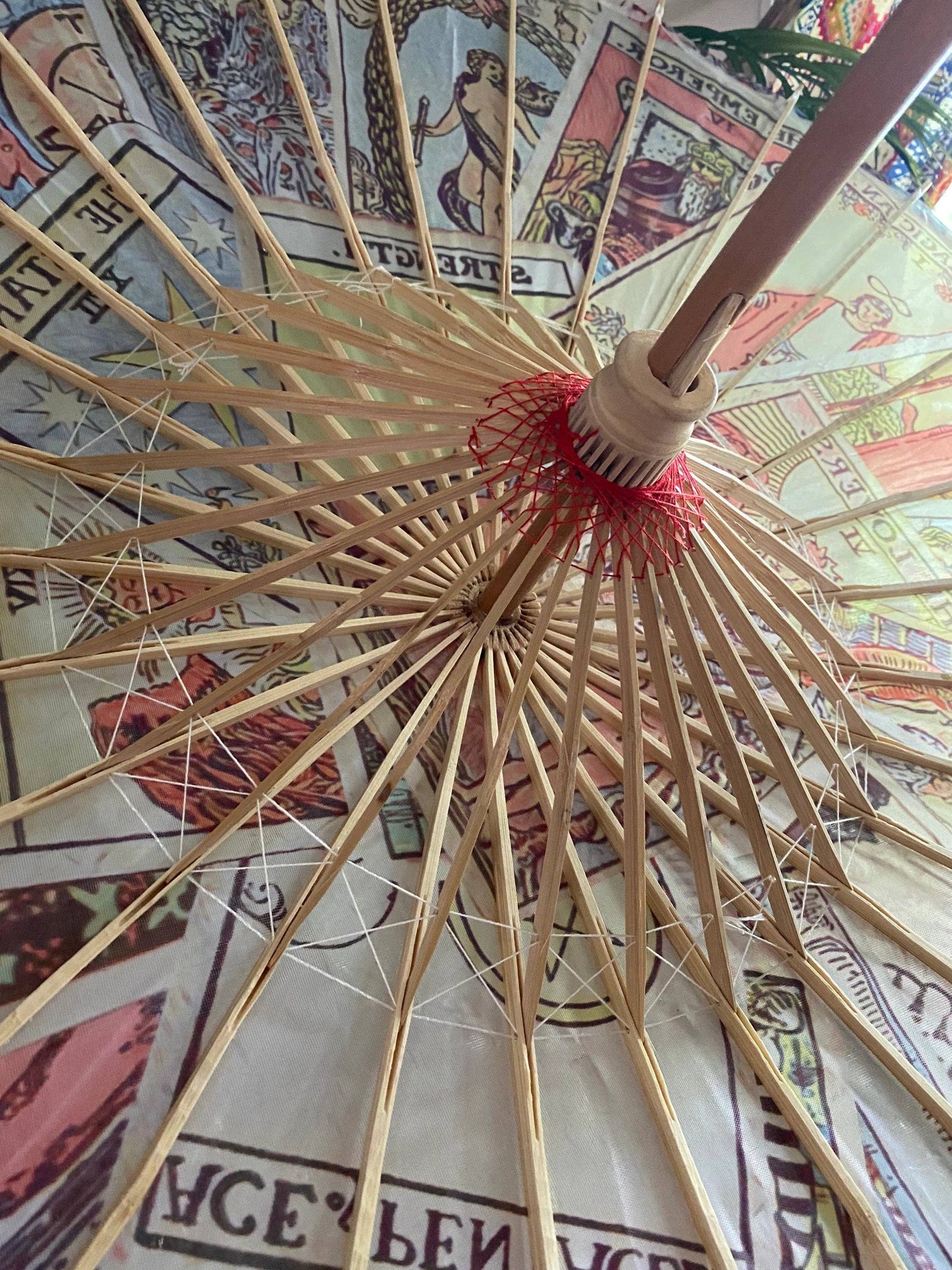 Classic Rider Waite Tarot Card Deck Bamboo Parasol – UV Blacklight Reactive, The High Priestess, The Magician & More Festival Sun Protection