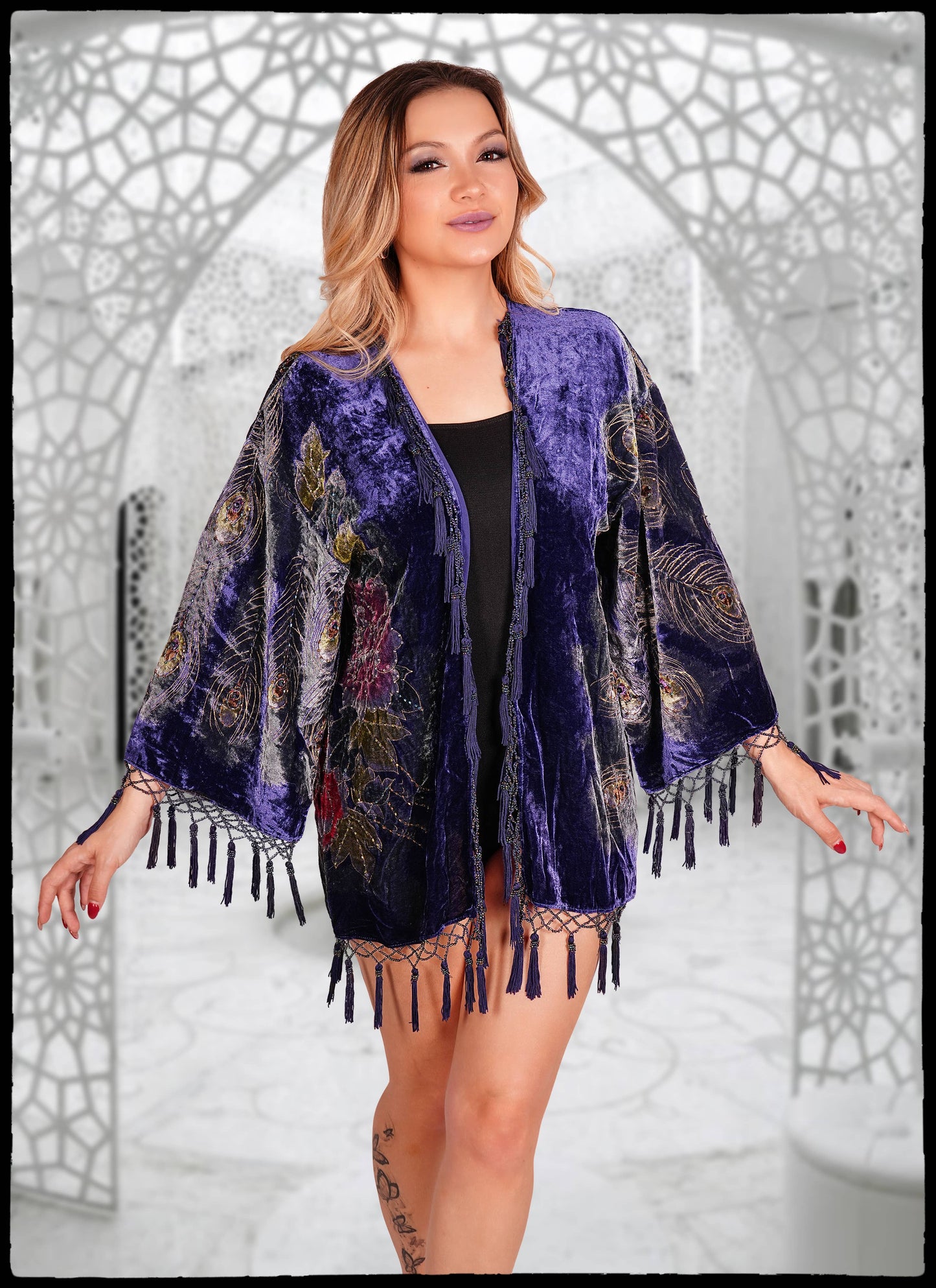 Velvet Beaded Peacock Short Jacket: Black