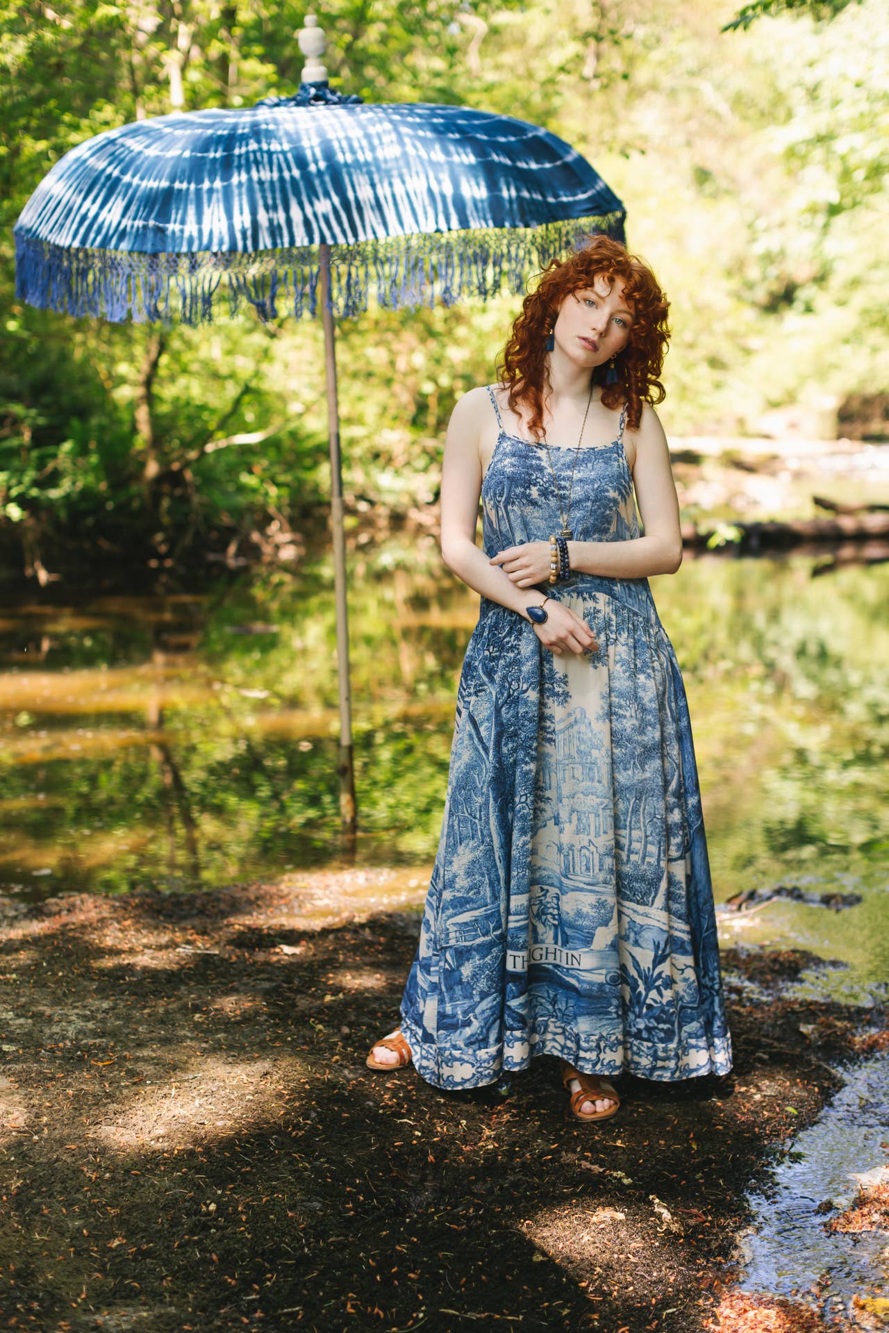 Let The Light In Bohéme Long Maxi Slip Dress w Delft Print: S/M (fits approx. size 6-10)