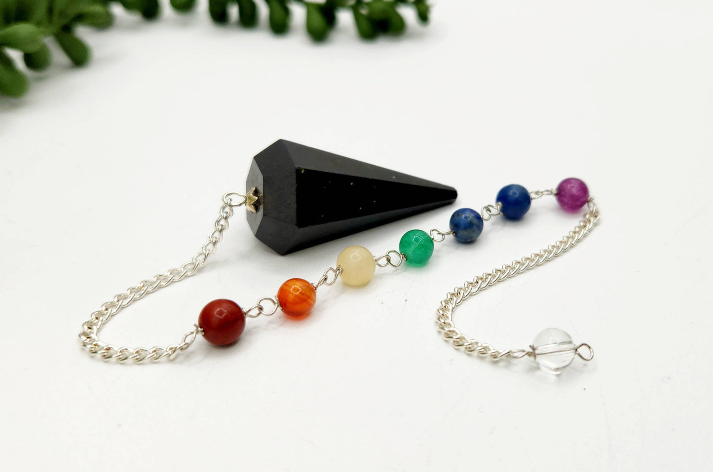 Black Tourmaline Pendulum w/Chakra Beads-Silver Plate Chain