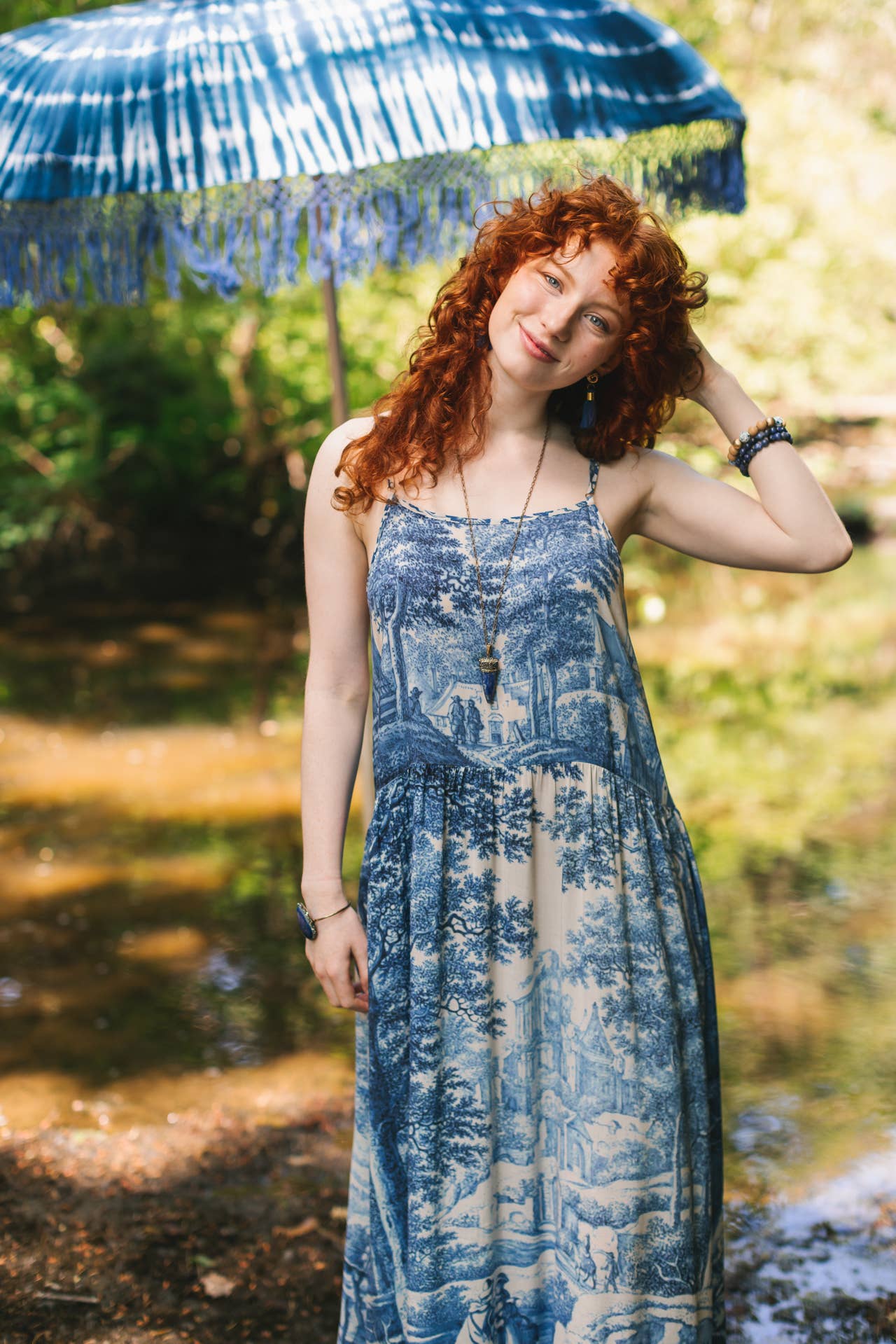 Let The Light In Bohéme Long Maxi Slip Dress w Delft Print: S/M (fits approx. size 6-10)