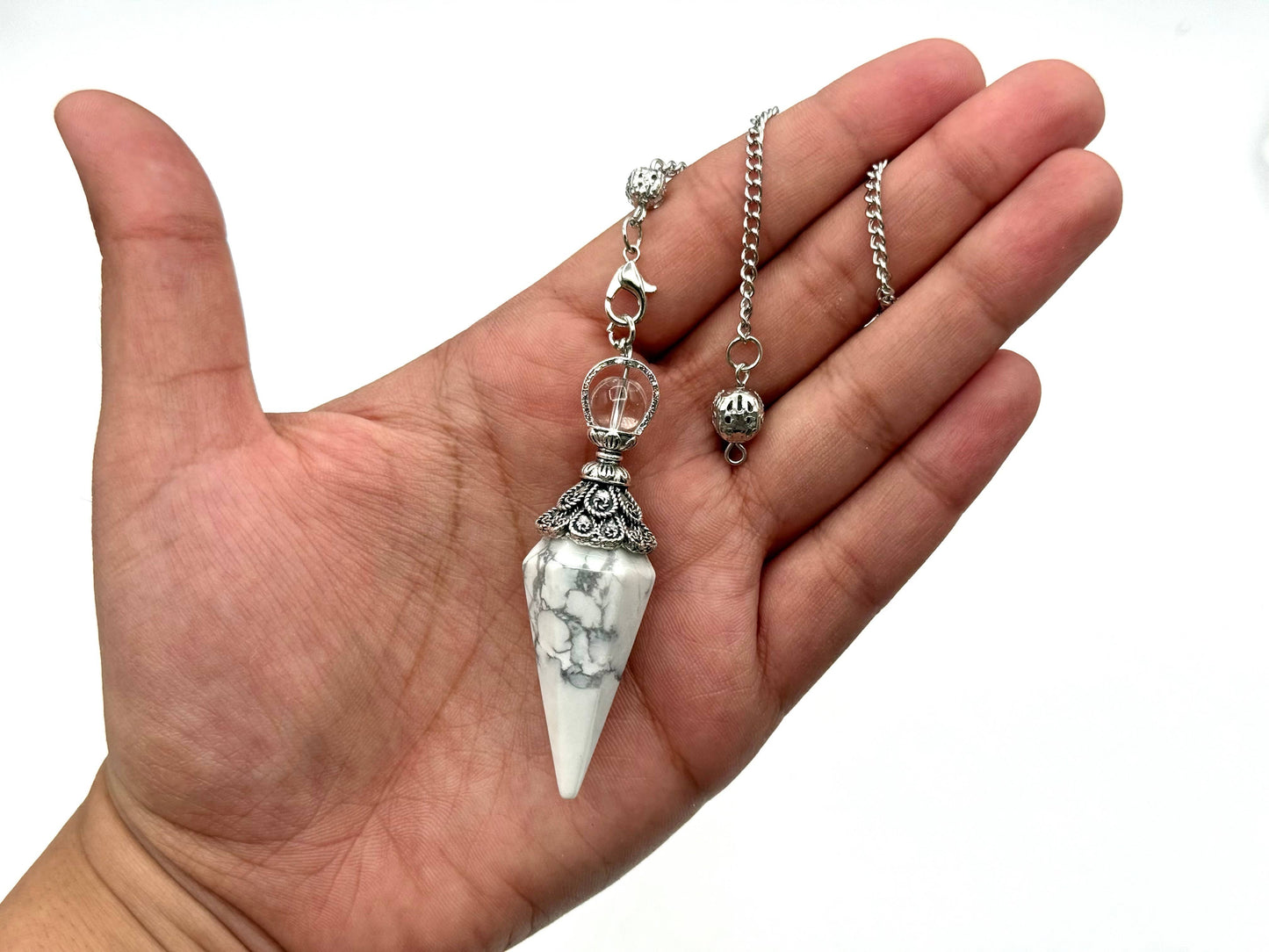 White Howlite Double Cap Pendulum with Silver Plate Chain