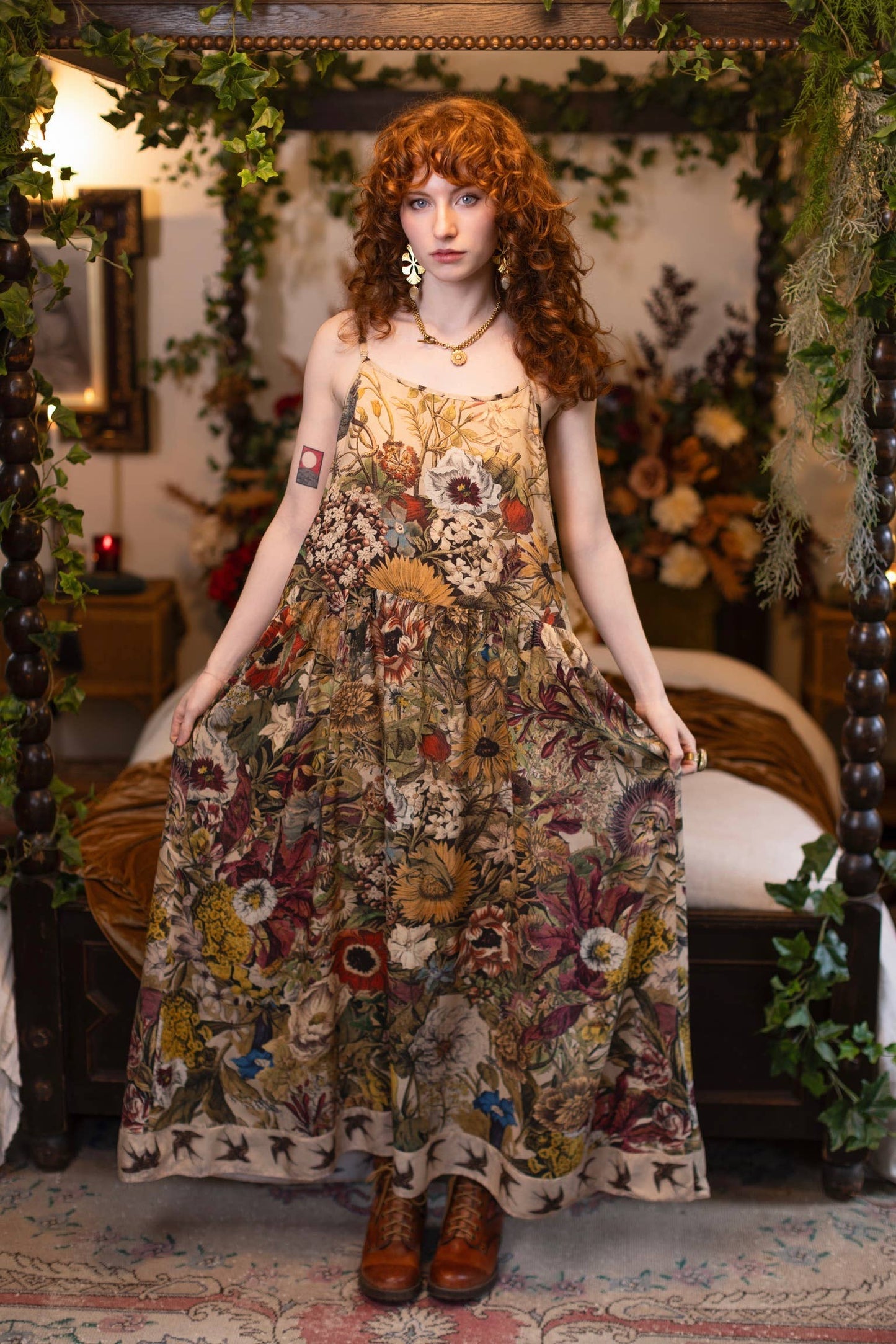 Golden Hour Bohéme Long Maxi Slip Dress w/ Floral Print: S/M (fits approx. size 6-10)