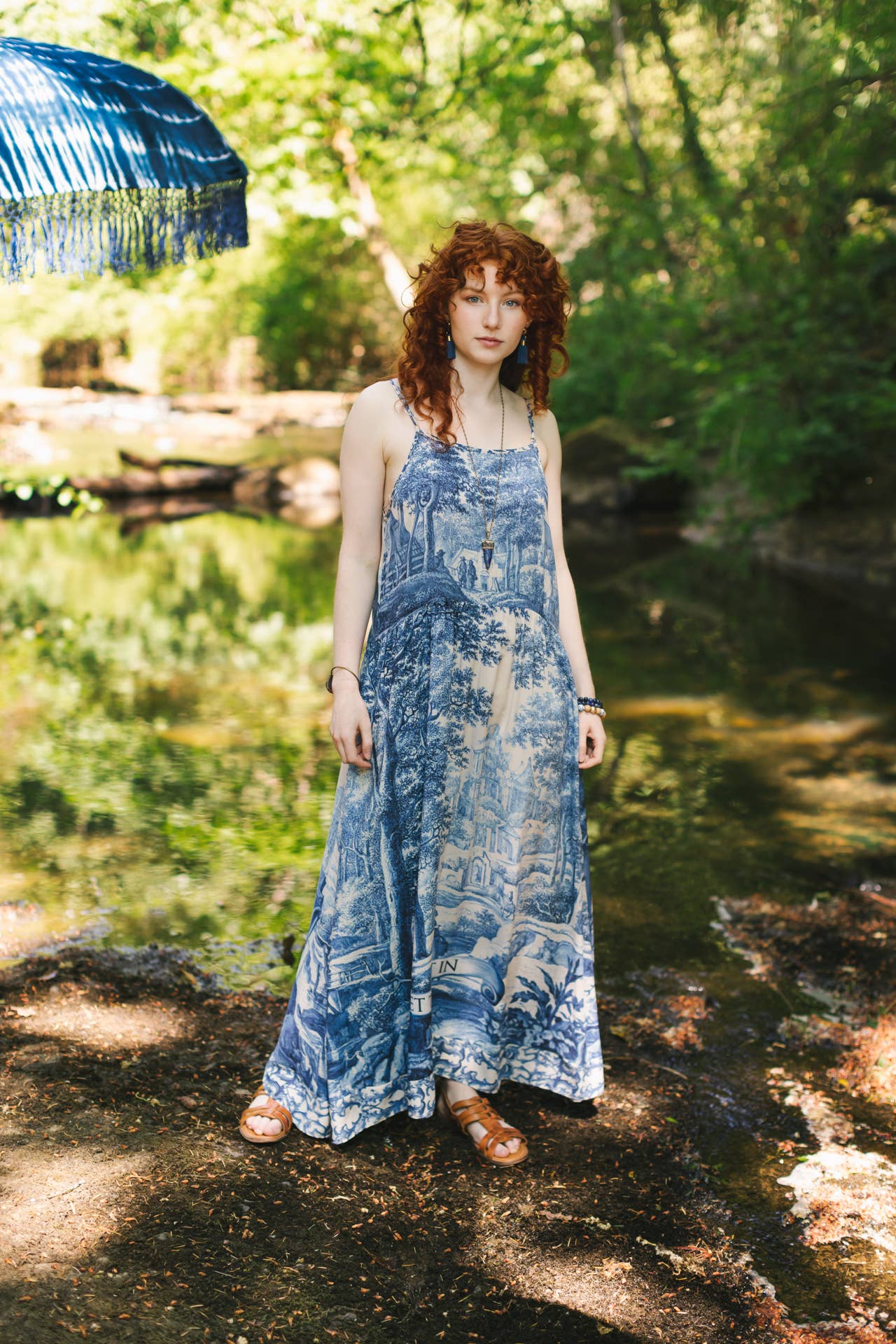 Let The Light In Bohéme Long Maxi Slip Dress w Delft Print: S/M (fits approx. size 6-10)