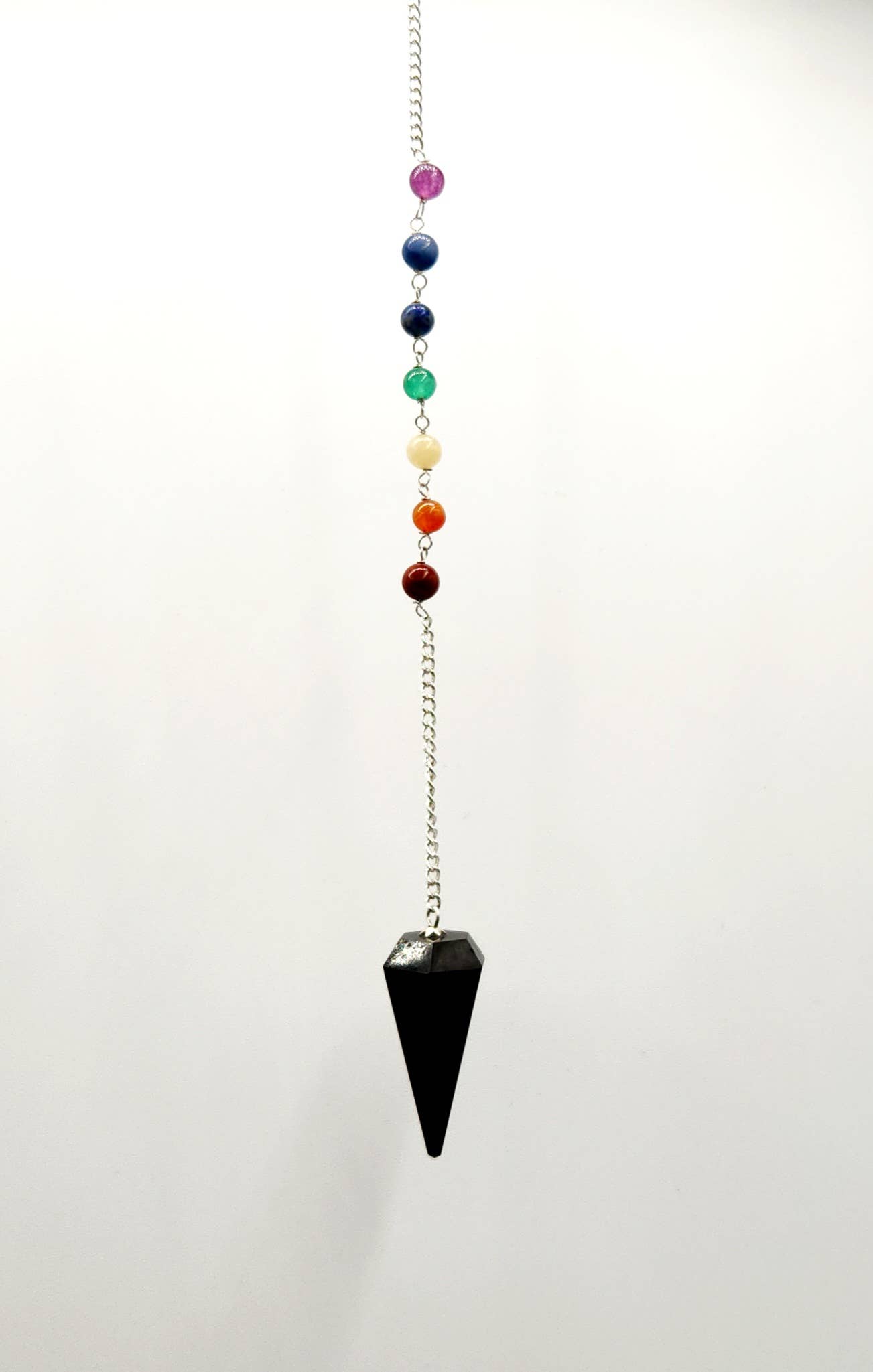 Black Tourmaline Pendulum w/Chakra Beads-Silver Plate Chain