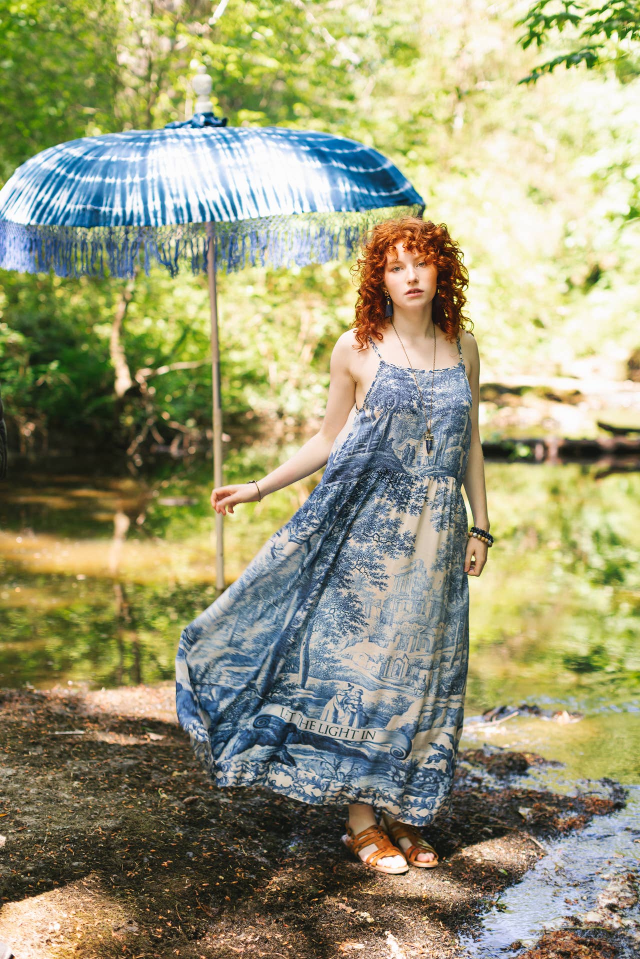 Let The Light In Bohéme Long Maxi Slip Dress w Delft Print: S/M (fits approx. size 6-10)
