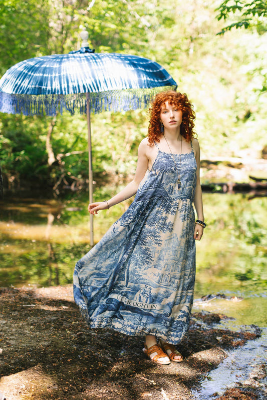 Let The Light In Bohéme Long Maxi Slip Dress w Delft Print: S/M (fits approx. size 6-10)