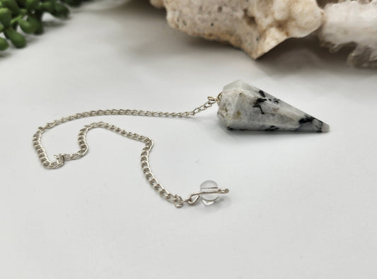 Rainbow Moonstone Gemstone Pendulum w/Silver Plated Chain