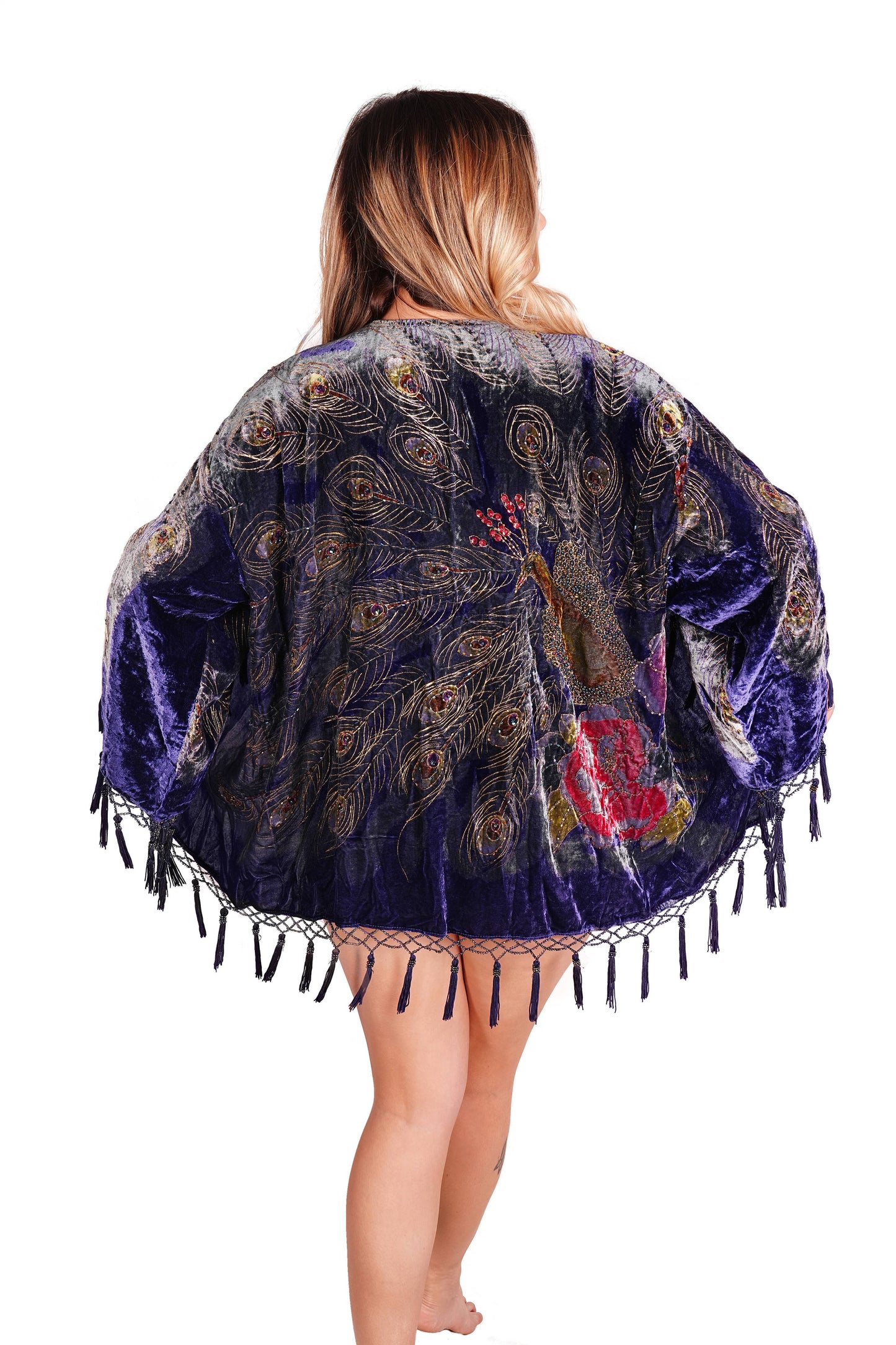 1805-Velvet Beaded Peacock Short Jacket: Purple