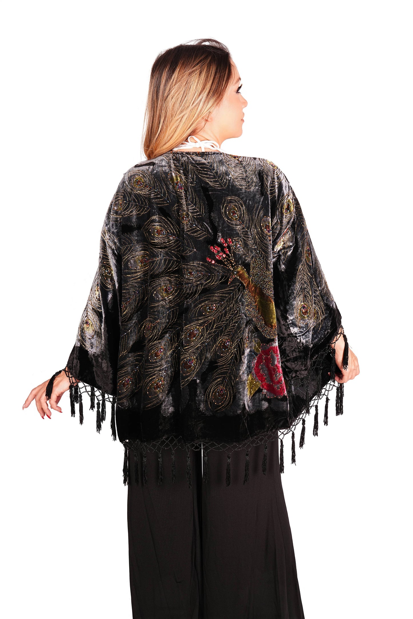 1805-Velvet Beaded Peacock Short Jacket: Purple