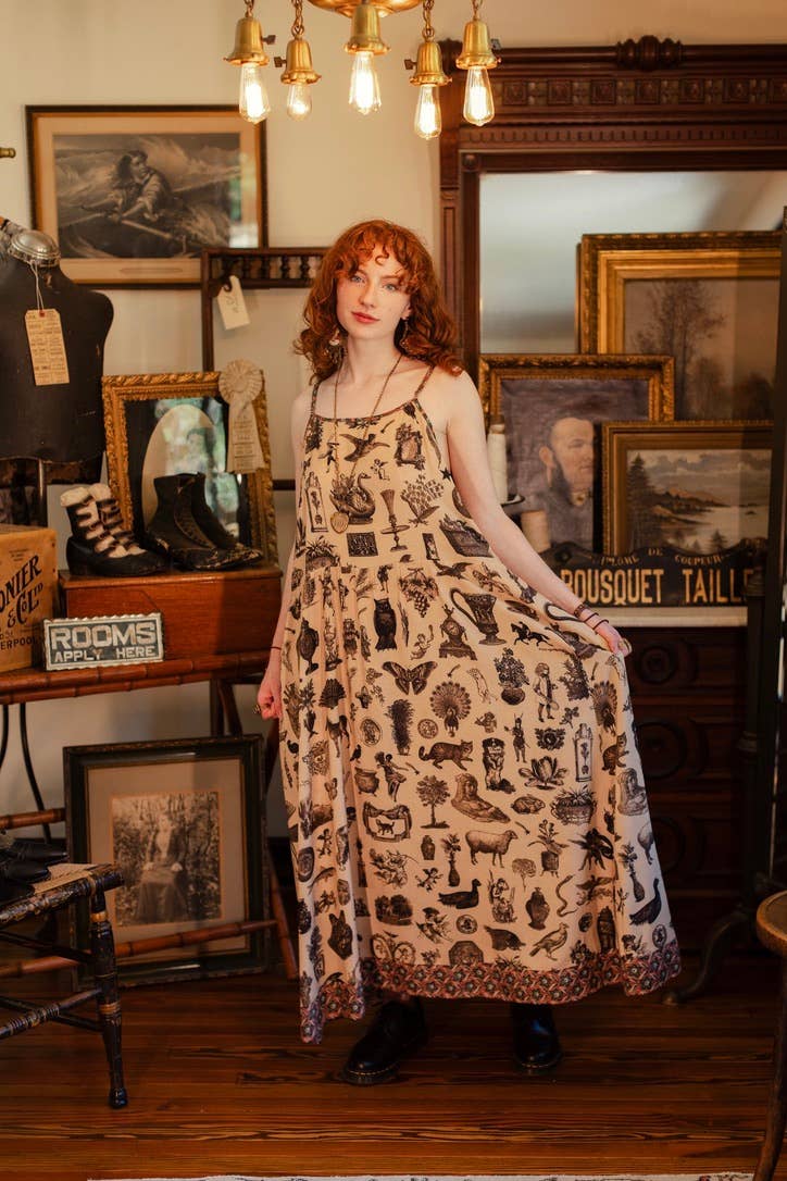 Curiosities Bohéme Maxi Slip Dress w/ whimiscal print: S/M
