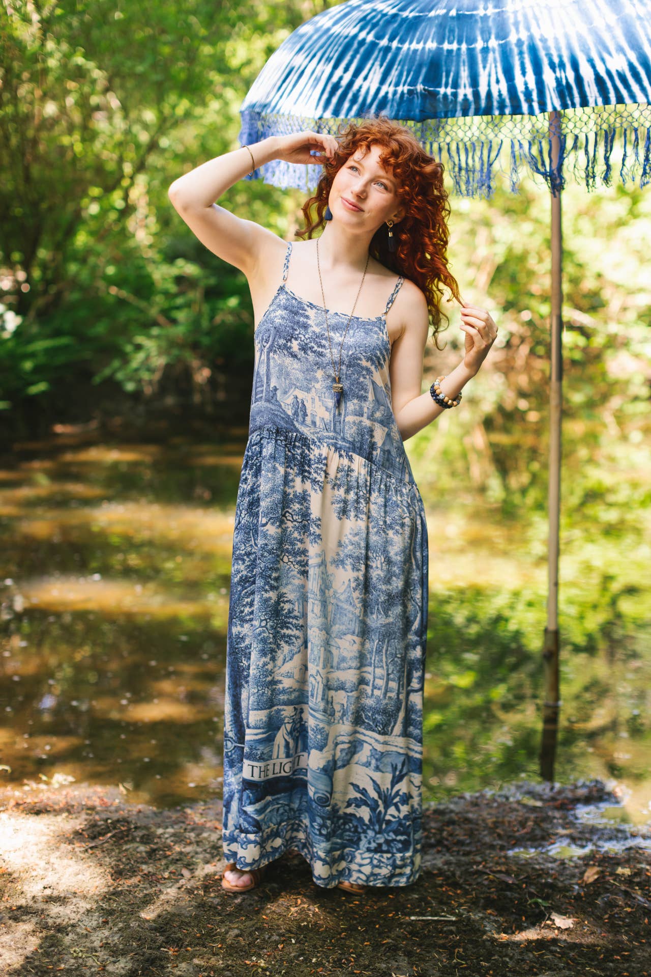 Let The Light In Bohéme Long Maxi Slip Dress w Delft Print: S/M (fits approx. size 6-10)
