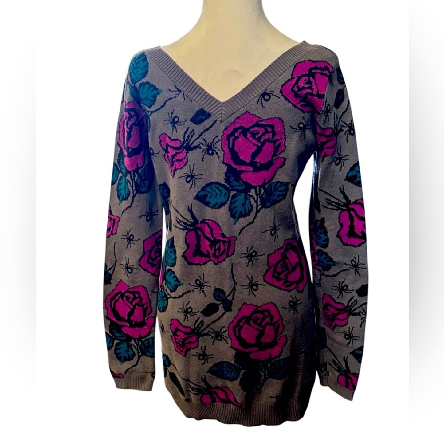 Betsey Johnson Spider Rose Intarsia Tunic Sweater Size M