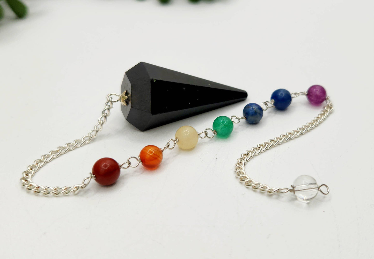 Black Tourmaline Pendulum w/Chakra Beads-Silver Plate Chain