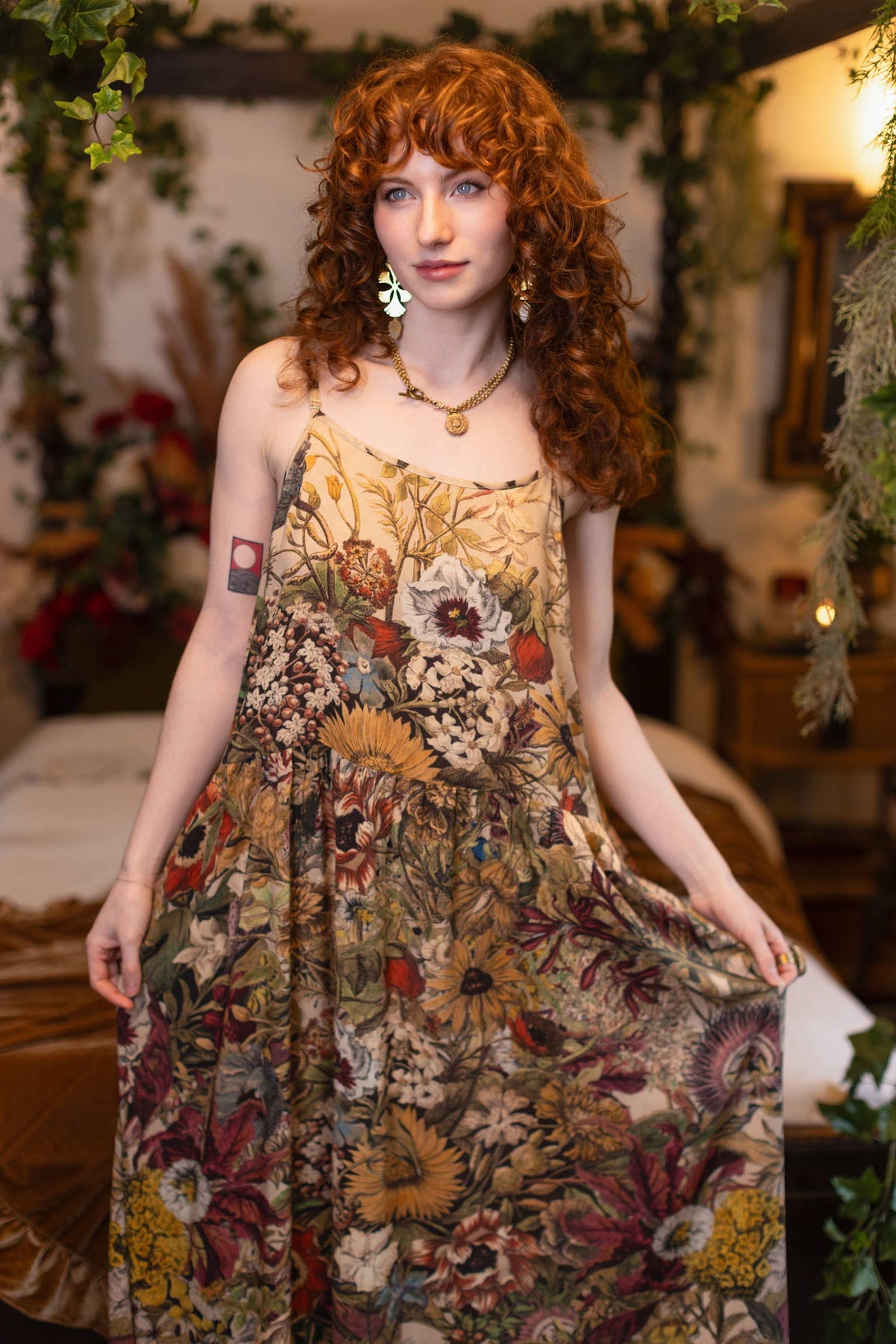 Golden Hour Bohéme Long Maxi Slip Dress w/ Floral Print: S/M (fits approx. size 6-10)