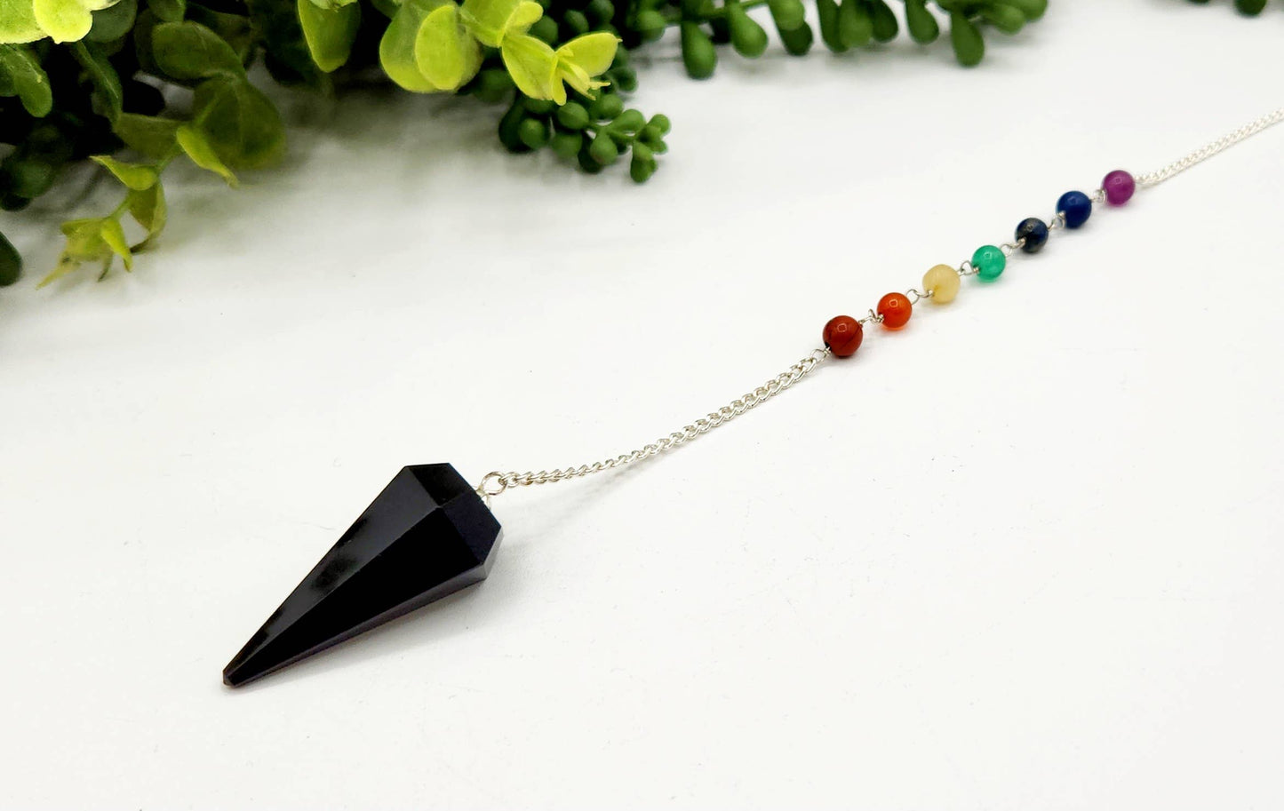 Black Tourmaline Pendulum w/Chakra Beads-Silver Plate Chain