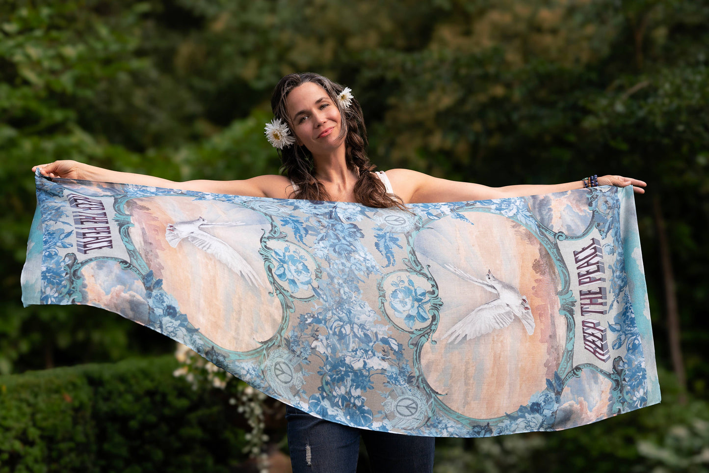Peace Out Cropped Boho Bamboo Scarf with Doves and Sunrise