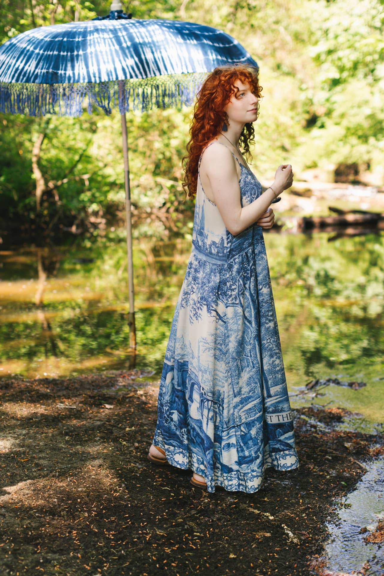 Let The Light In Bohéme Long Maxi Slip Dress w Delft Print: S/M (fits approx. size 6-10)