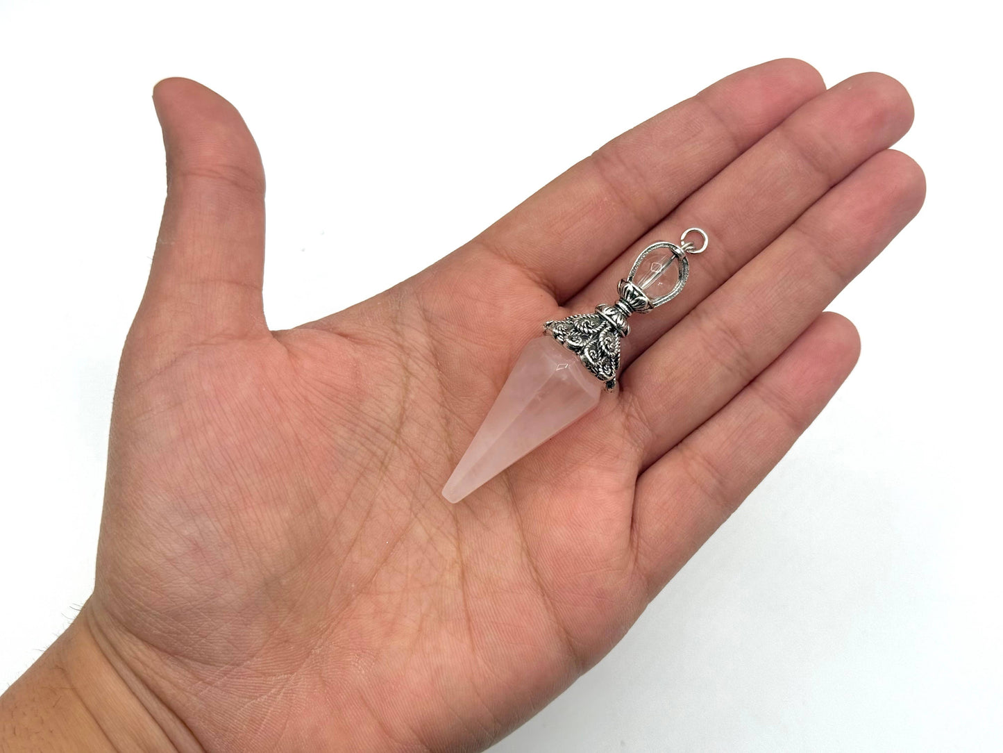 Rose Quartz Double Cap Pendulum with Silver Plate Chain
