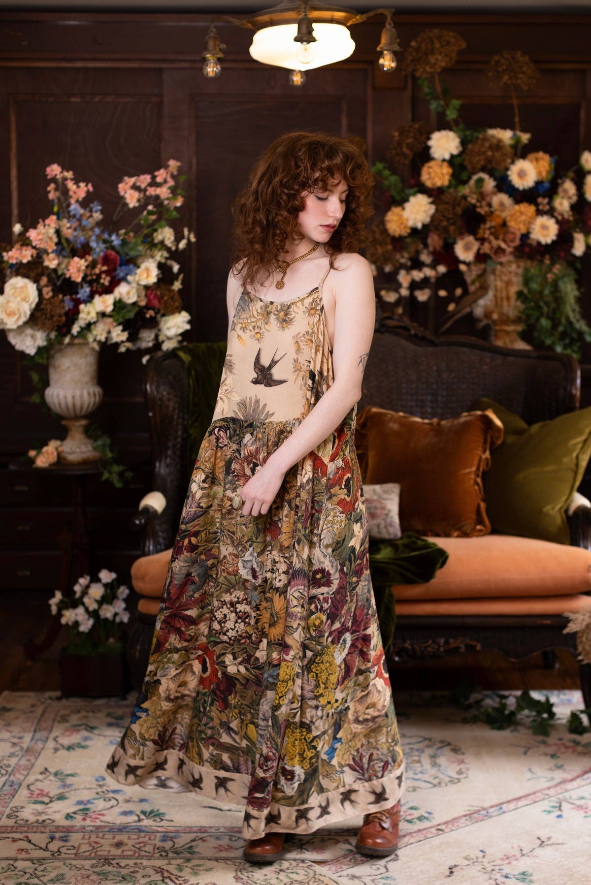 Golden Hour Bohéme Long Maxi Slip Dress w/ Floral Print: L/XL (fits approx. size 12-16)