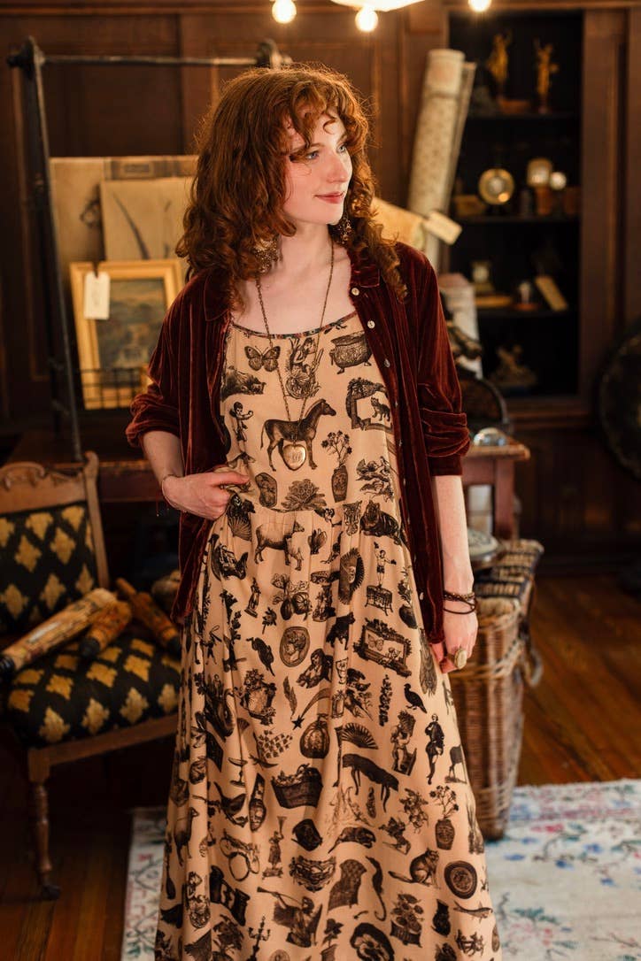 Curiosities Bohéme Maxi Slip Dress w/ whimiscal print: S/M