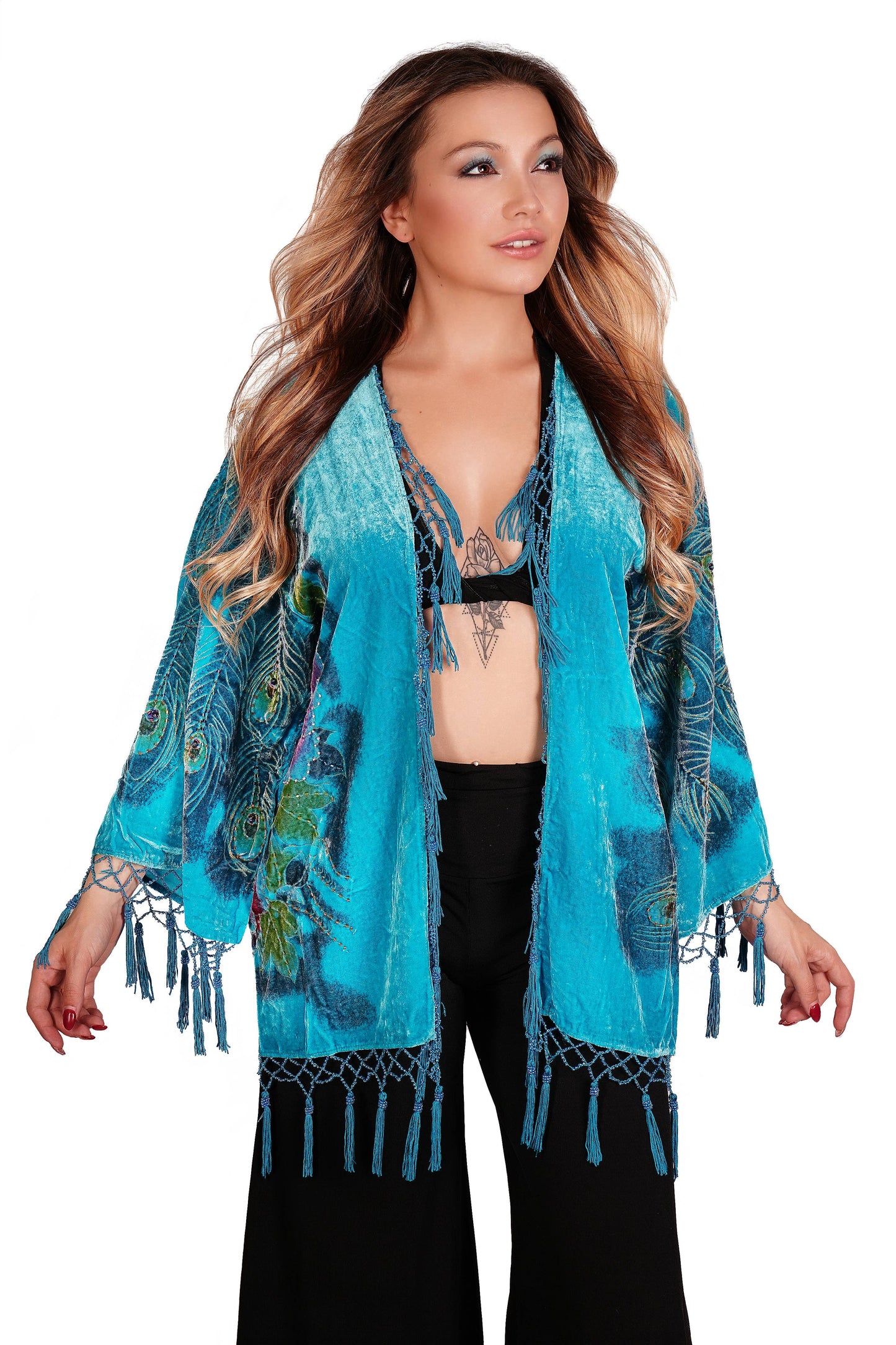 1805-Velvet Beaded Peacock Short Jacket: Purple