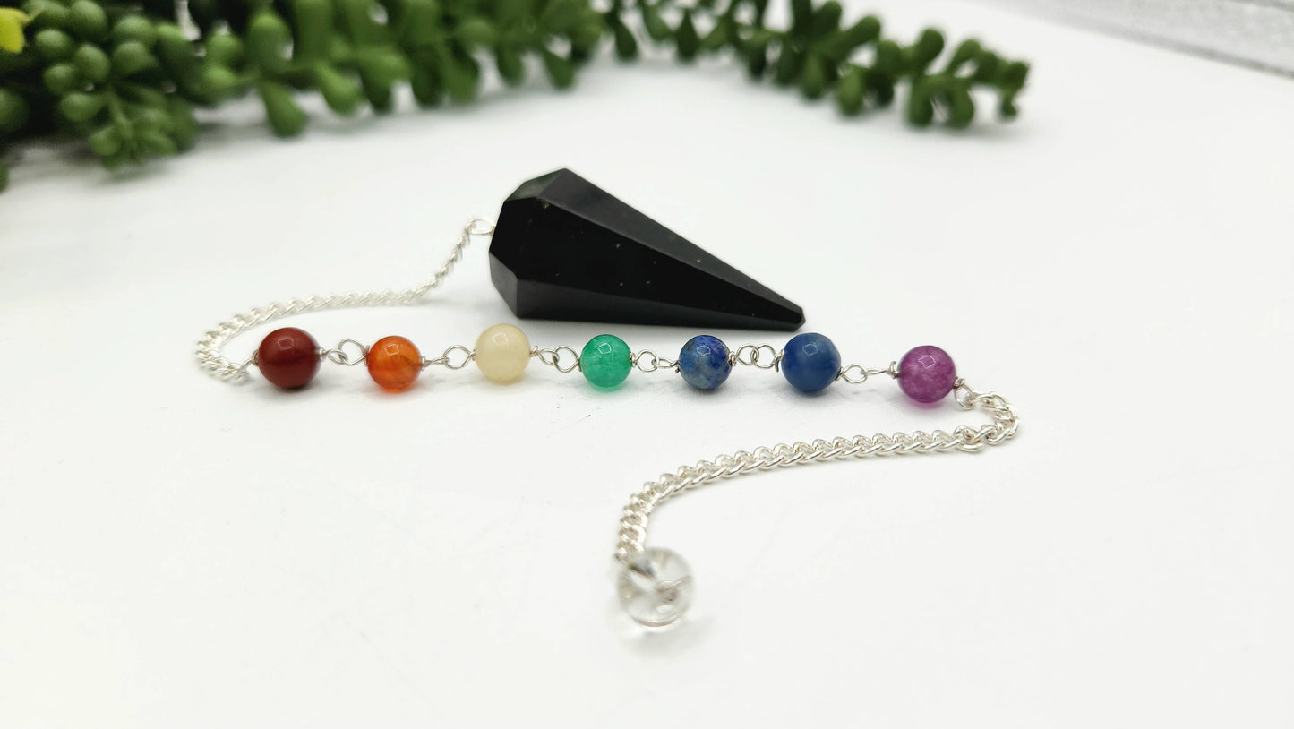 Black Tourmaline Pendulum w/Chakra Beads-Silver Plate Chain