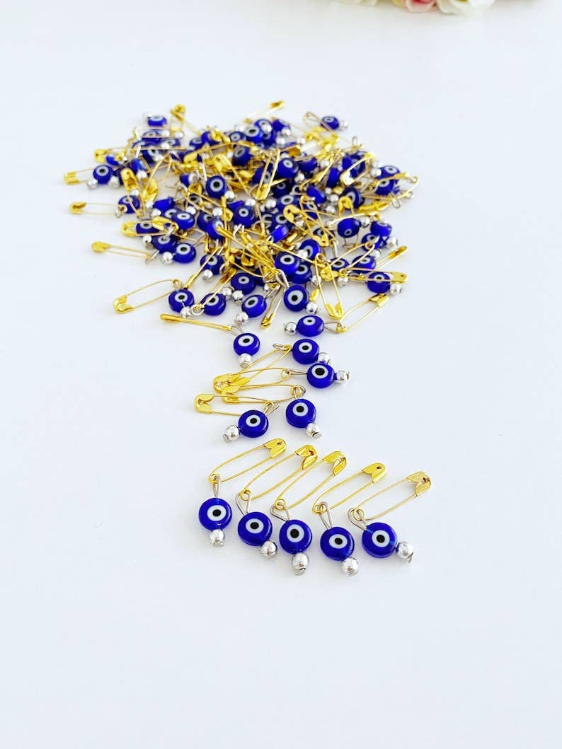 Gold Evil Eye Safety Pins, Blue Glass Evil eye, Bulk Favor