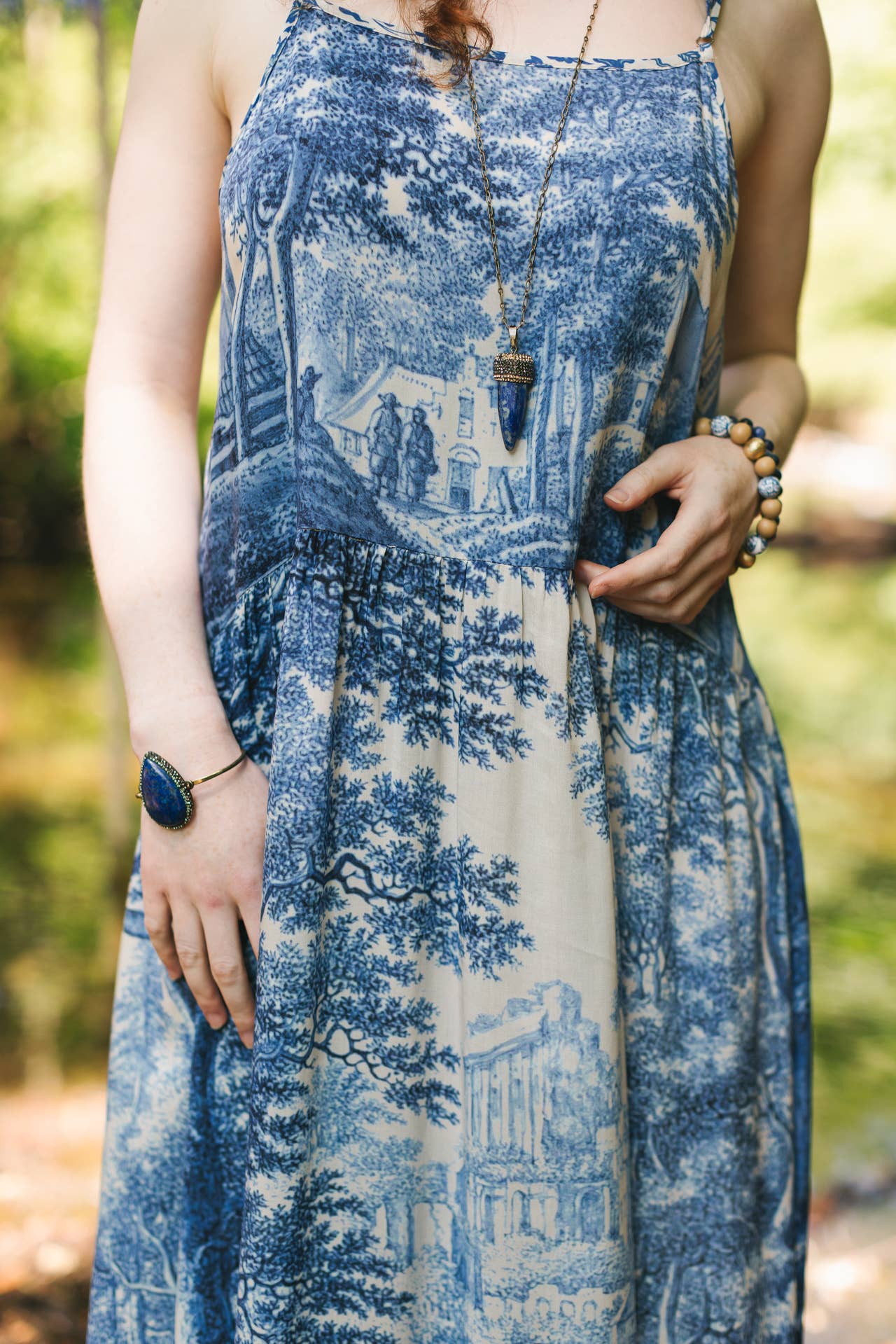 Let The Light In Bohéme Long Maxi Slip Dress w Delft Print: S/M (fits approx. size 6-10)