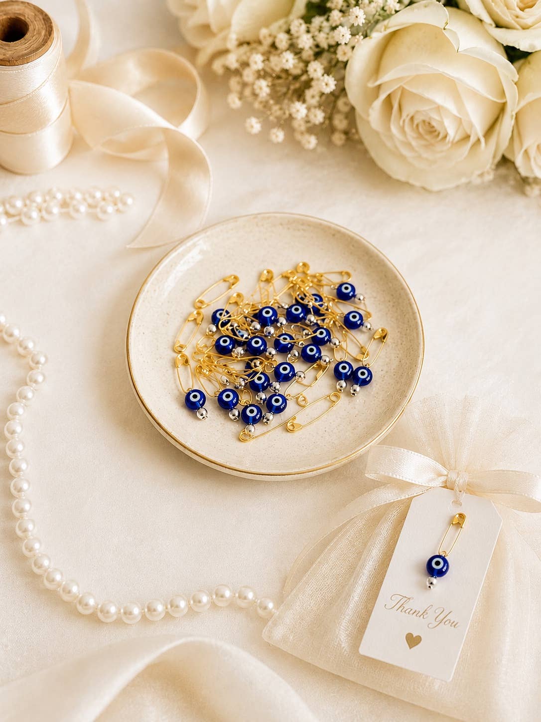 Gold Evil Eye Safety Pins, Blue Glass Evil eye, Bulk Favor