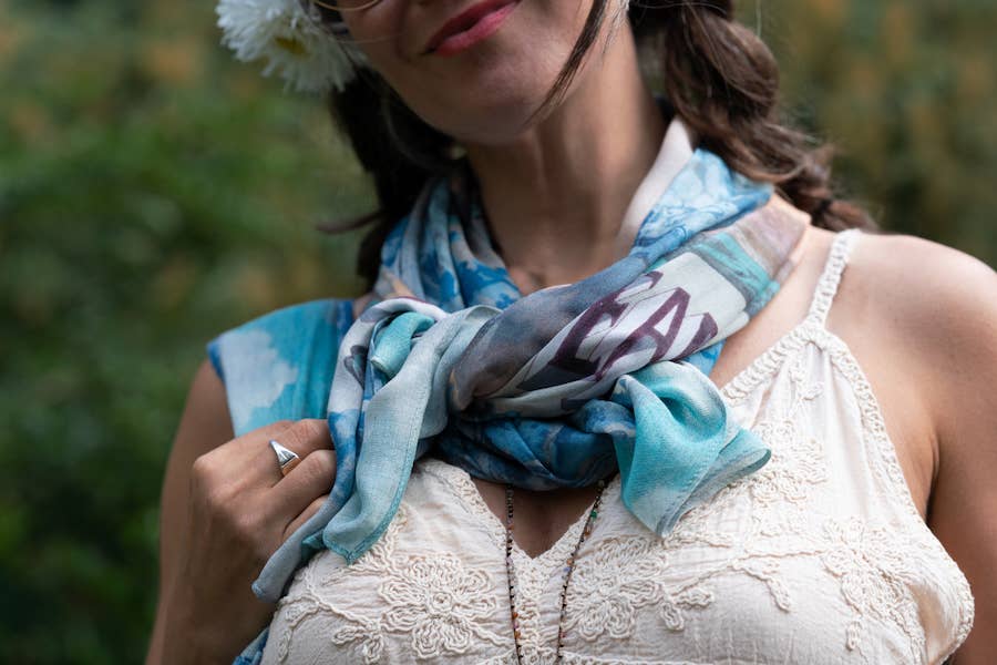 Peace Out Cropped Boho Bamboo Scarf with Doves and Sunrise