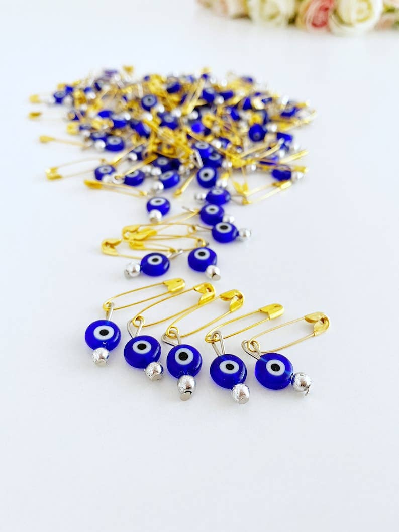 Gold Evil Eye Safety Pins, Blue Glass Evil eye, Bulk Favor