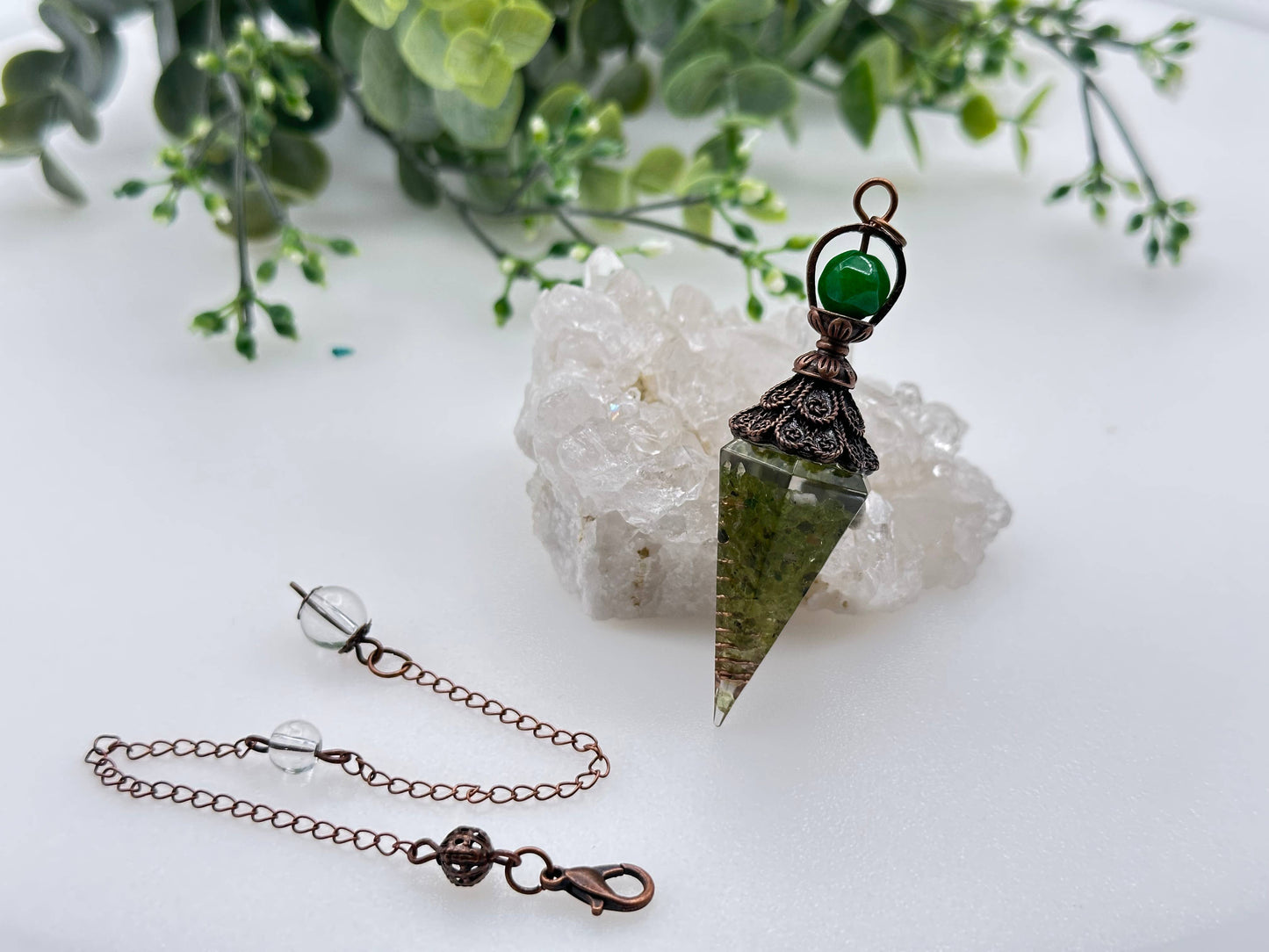 Peridot (Natural) Chips w/ Copper in Resin Pendulum
