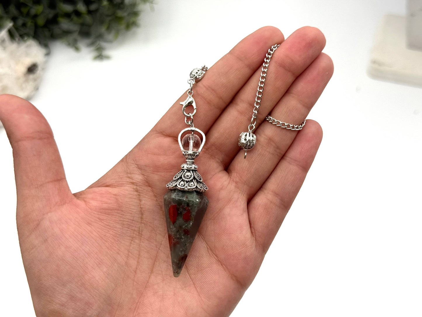 Bloodstone Double Cap Pendulum with Silver Plate Chain