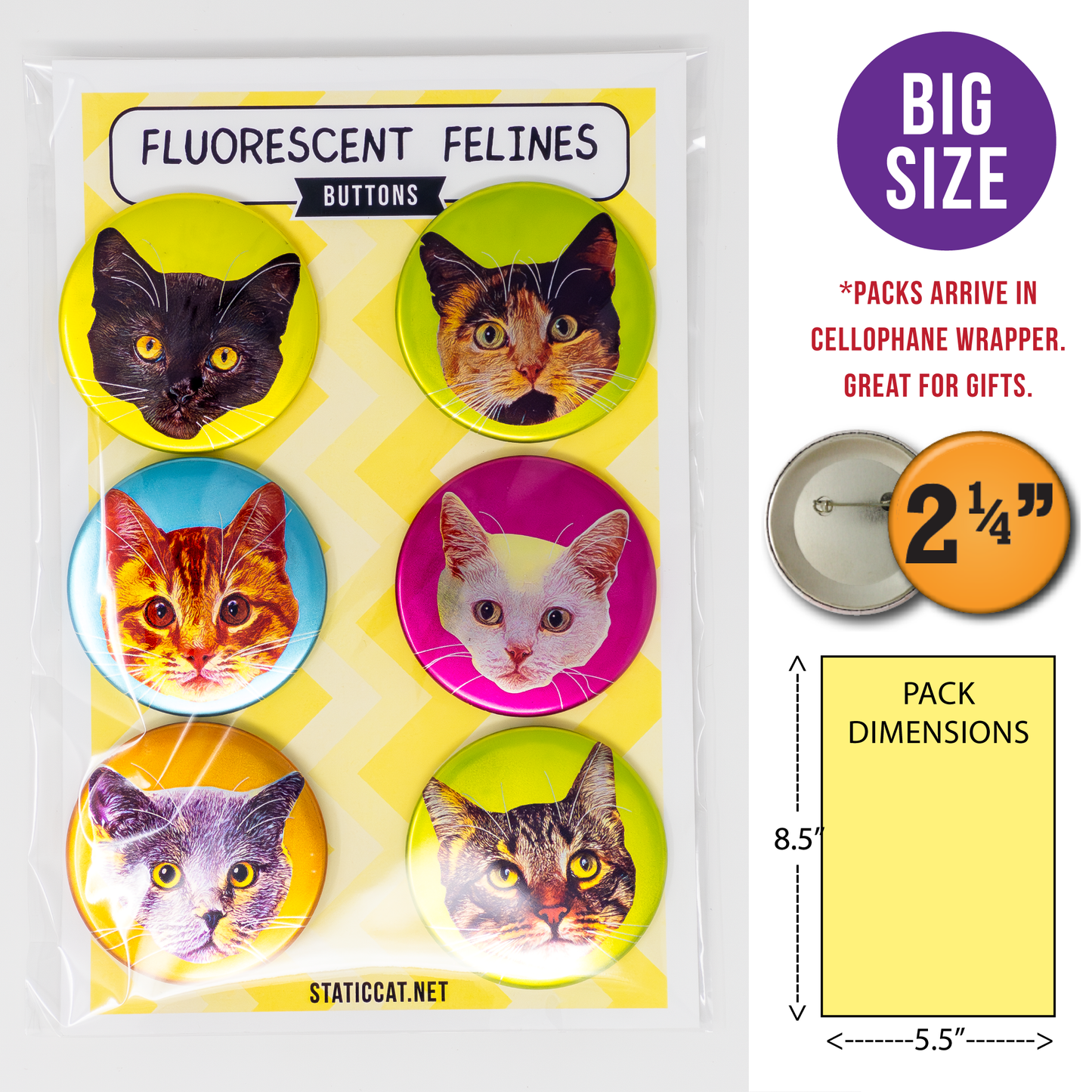 Fluorescent Felines (6-Pack) – Pins: Small METALLIC 6-pack pins