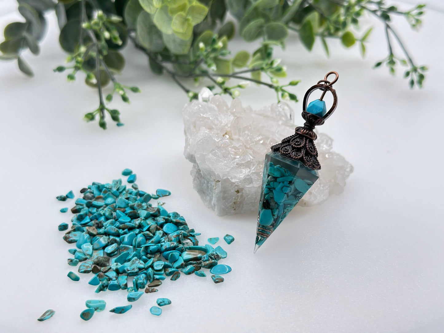 Turquoise Gemstone (Natural) Chips w/ Copper Resin Pendulum