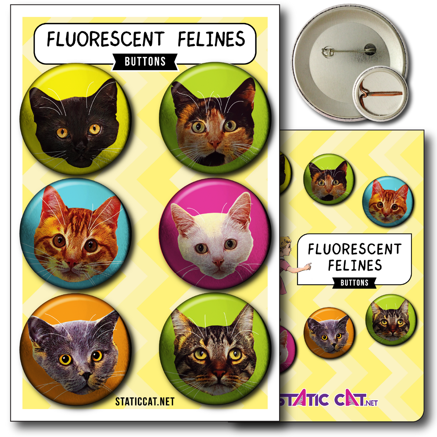 Fluorescent Felines (6-Pack) – Pins: Small METALLIC 6-pack pins