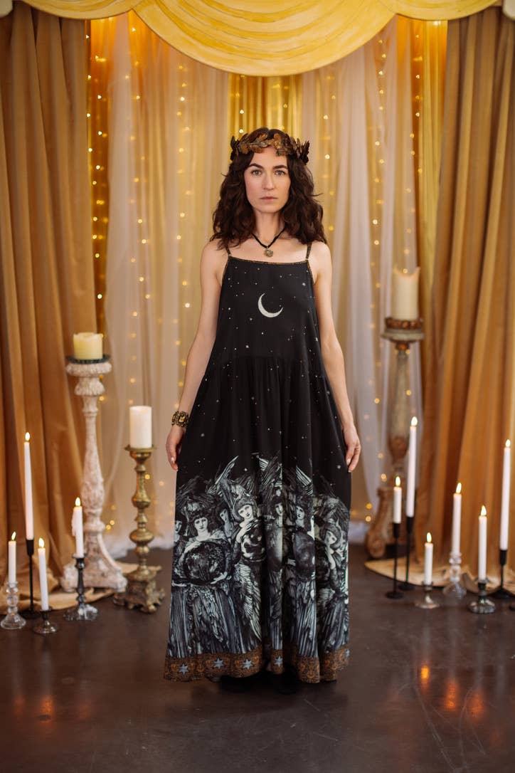 The Guardians Bohéme Slip Maxi Dress w/ angels, moon & stars: S/M (fits approx. size 6-10)