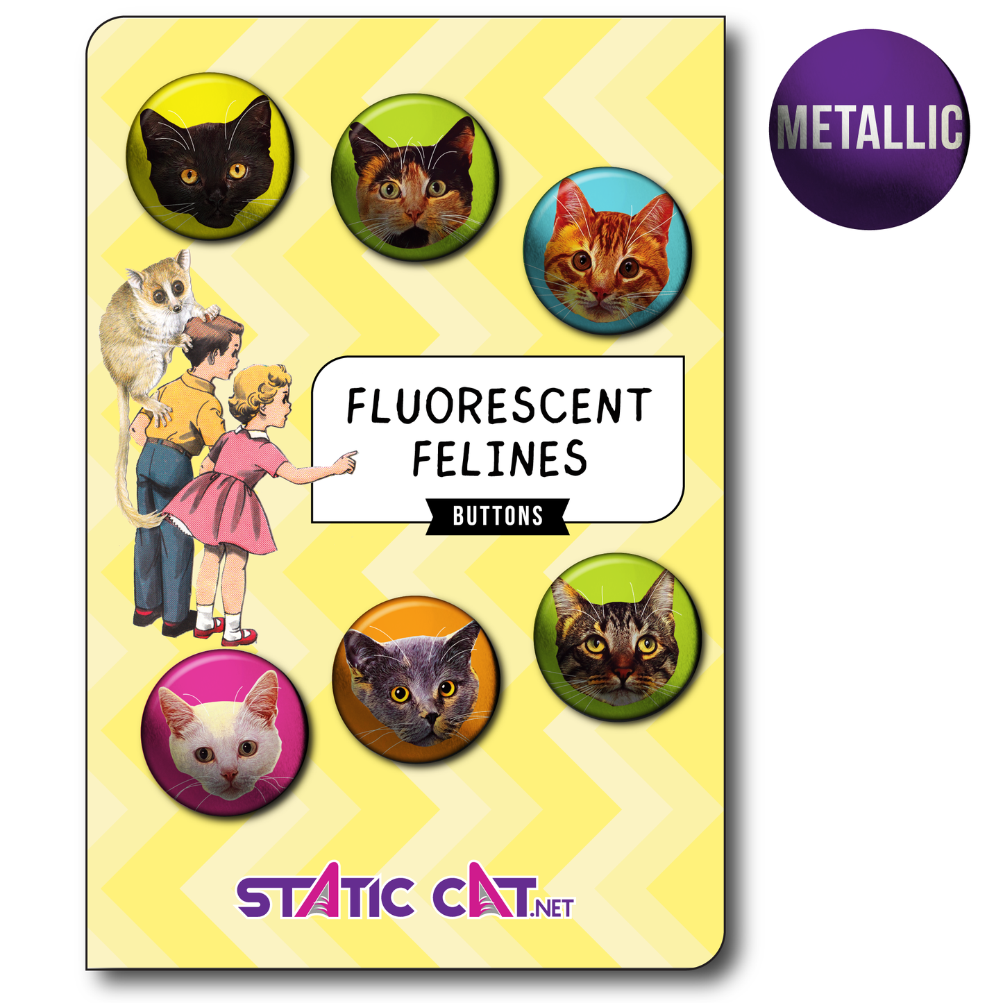 Fluorescent Felines (6-Pack) – Pins: Small METALLIC 6-pack pins