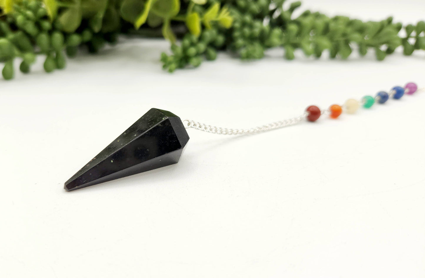 Black Tourmaline Pendulum w/Chakra Beads-Silver Plate Chain