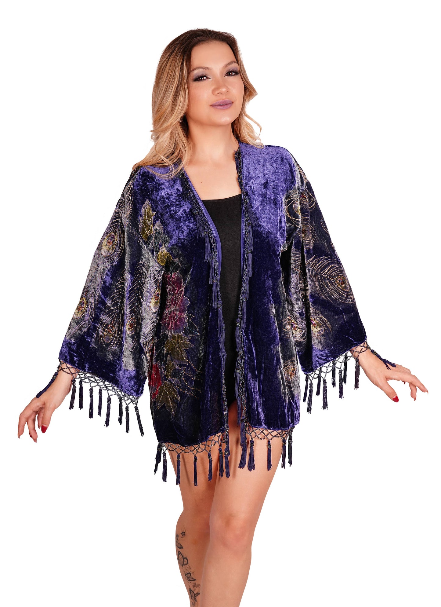 Velvet Beaded Peacock Short Jacket: Black