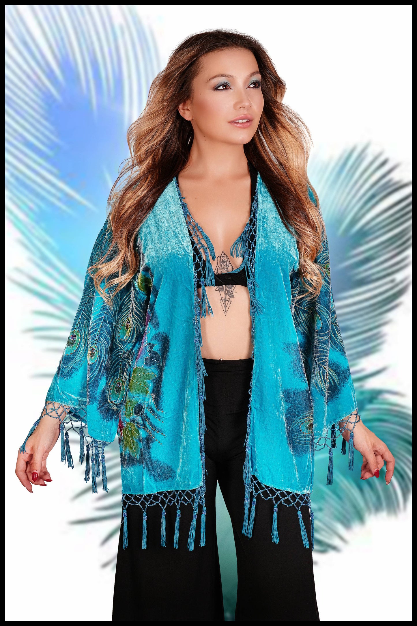 1805-Velvet Beaded Peacock Short Jacket: Purple