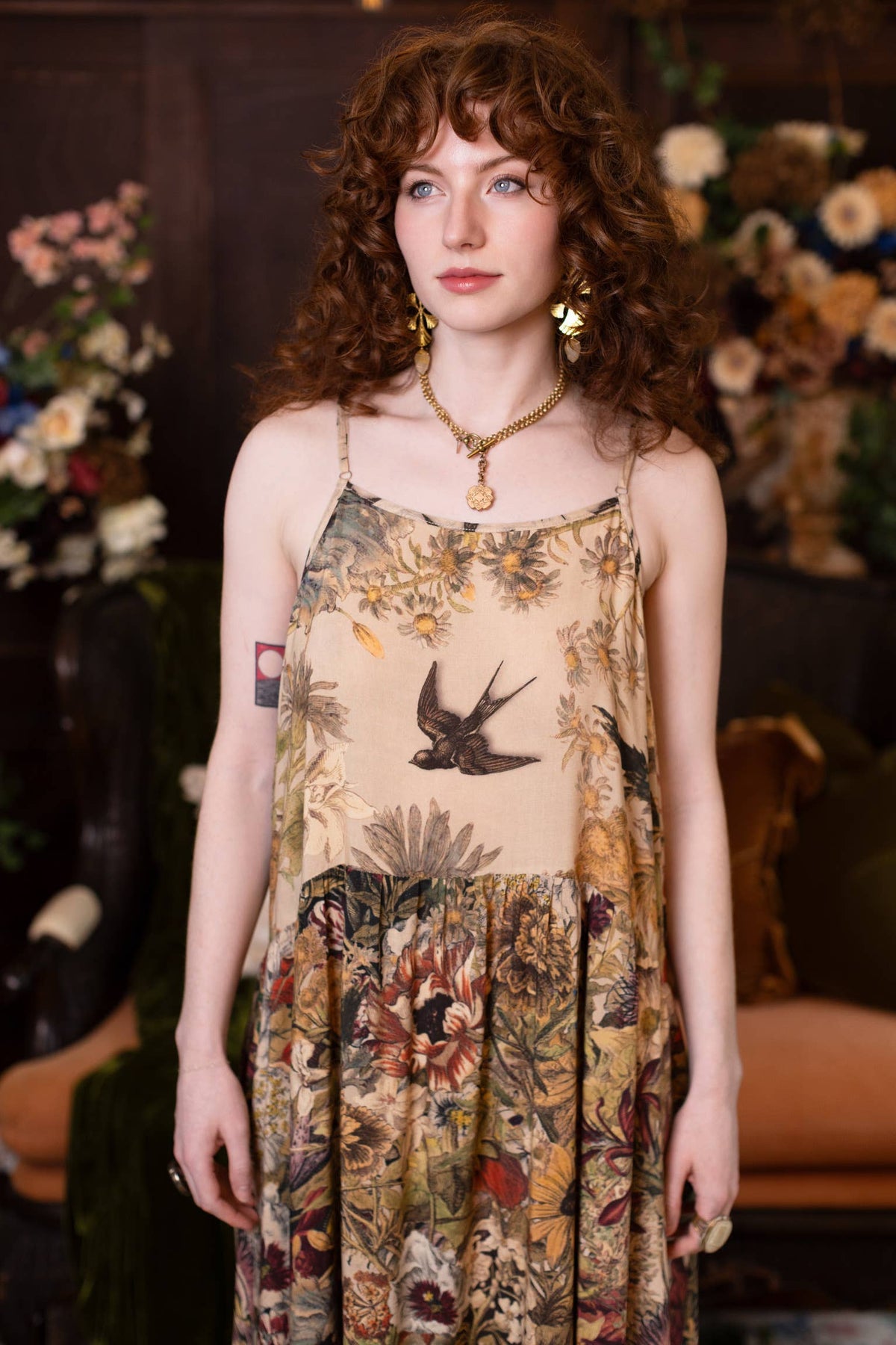 Golden Hour Bohéme Long Maxi Slip Dress w/ Floral Print: L/XL (fits approx. size 12-16)